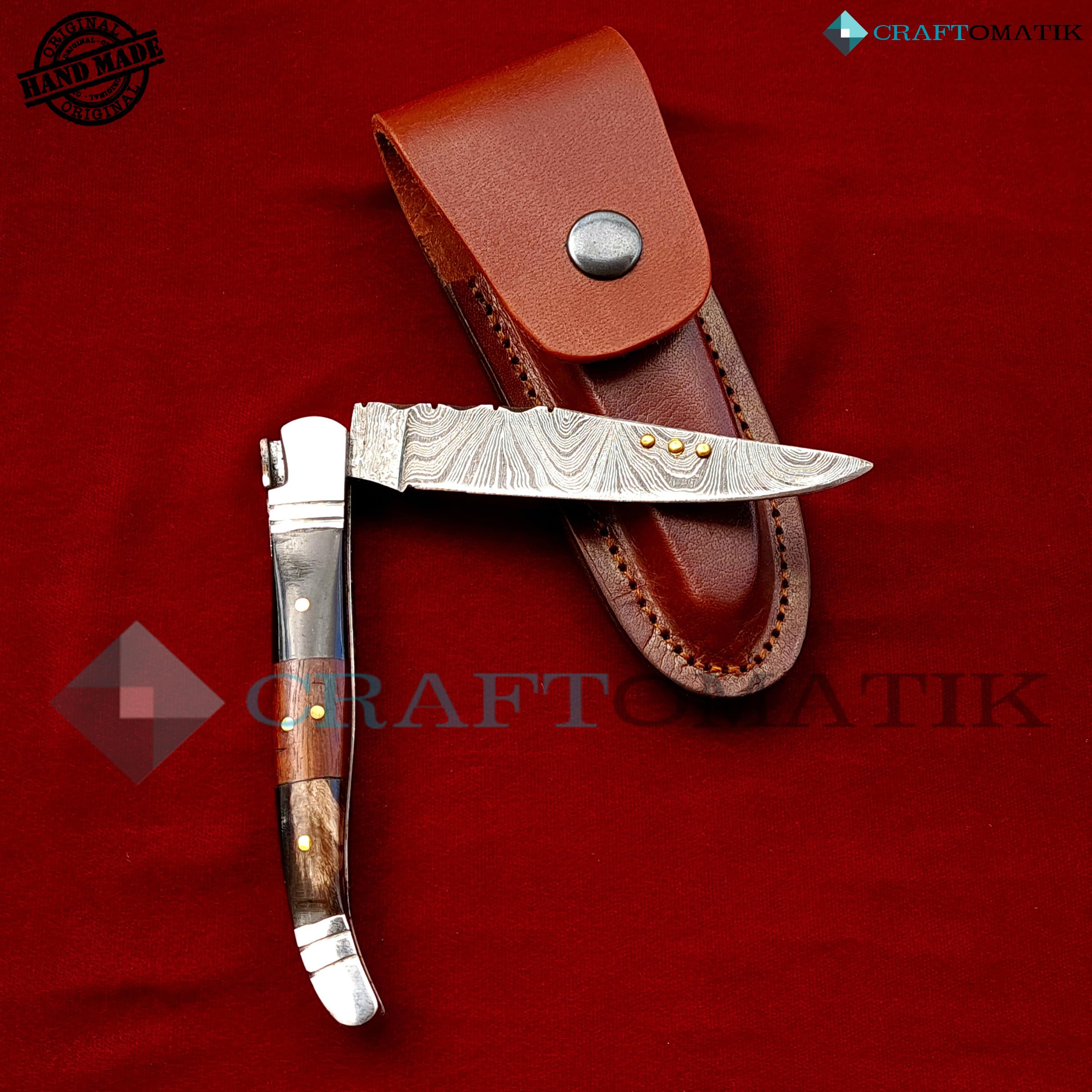 Damast Stahl Taschenmesser | Klappmesser Laguiole | Büffelhorn, Rosenholz, Edelstahl, Messing Stiften Griff | Handgefertigt Outdoor Damastmesser Camping Messer | FK25