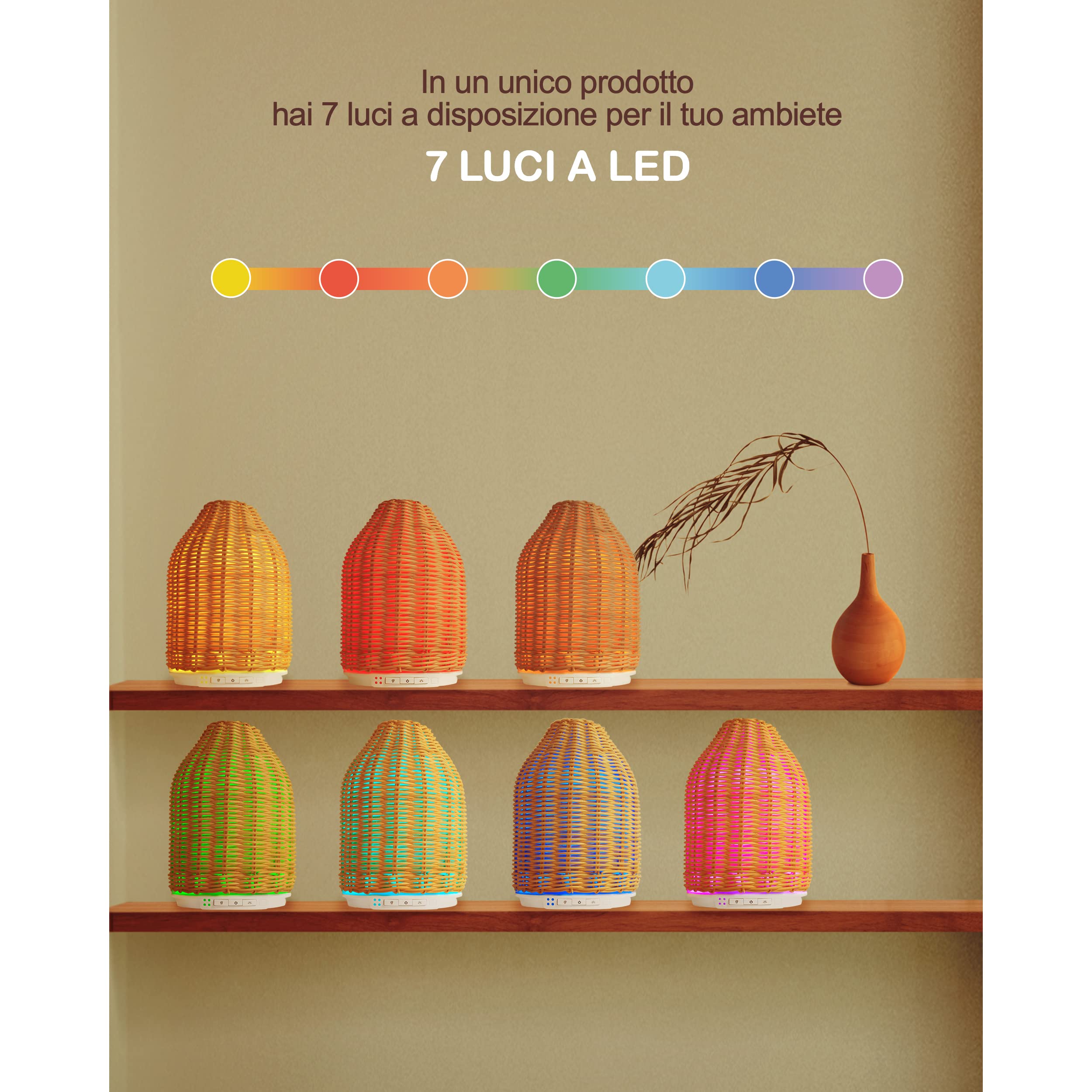 Umidificatore Ambiente Bambini,Rattan di Bambù Diffusore di Oli Essenziali,Umidificatore Ultrasuoni Auto Spegnimento,Super Silenzioso,LED 7 Colori,Notturna Per Camera da Letto, Ufficio-SODY