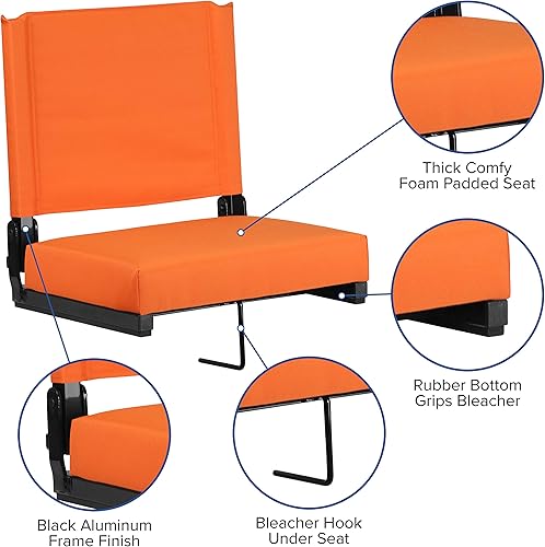 Miniatura 9 de EMMA + OLIVER Silla de estadio naranja - Silla plegable clasificada de 500 libras - Asa de transporte - Asiento ultra acolchado
