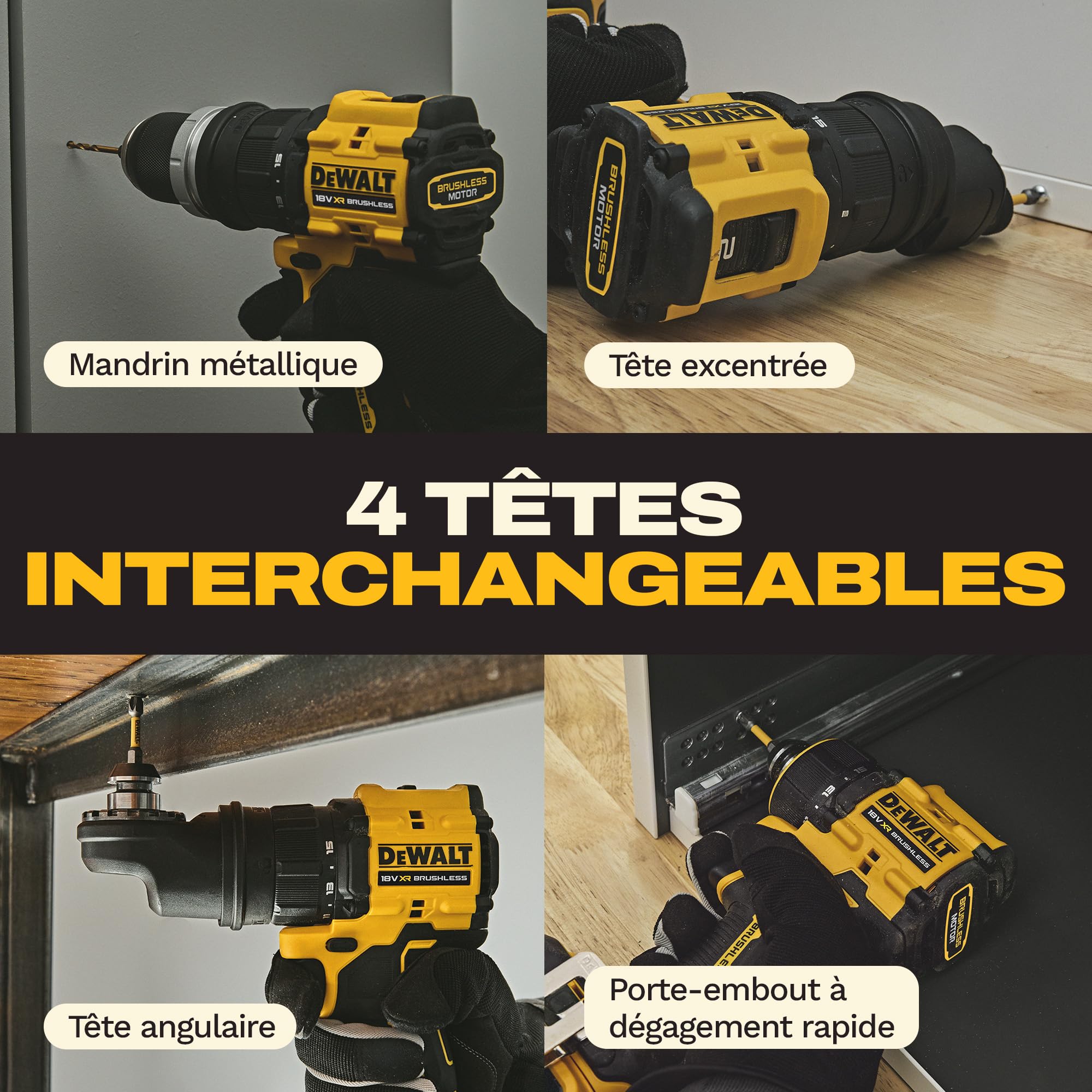 DEWALT Perceuse-visseuse multi-têtes 18V XR, 4 têtes, DCD803KN-XJ | Perceuse-visseuse multi-têtes DEWALT 18V XR compacte avec 4 têtes interchangeables, moteur Brushless et couple de 73 Nm.