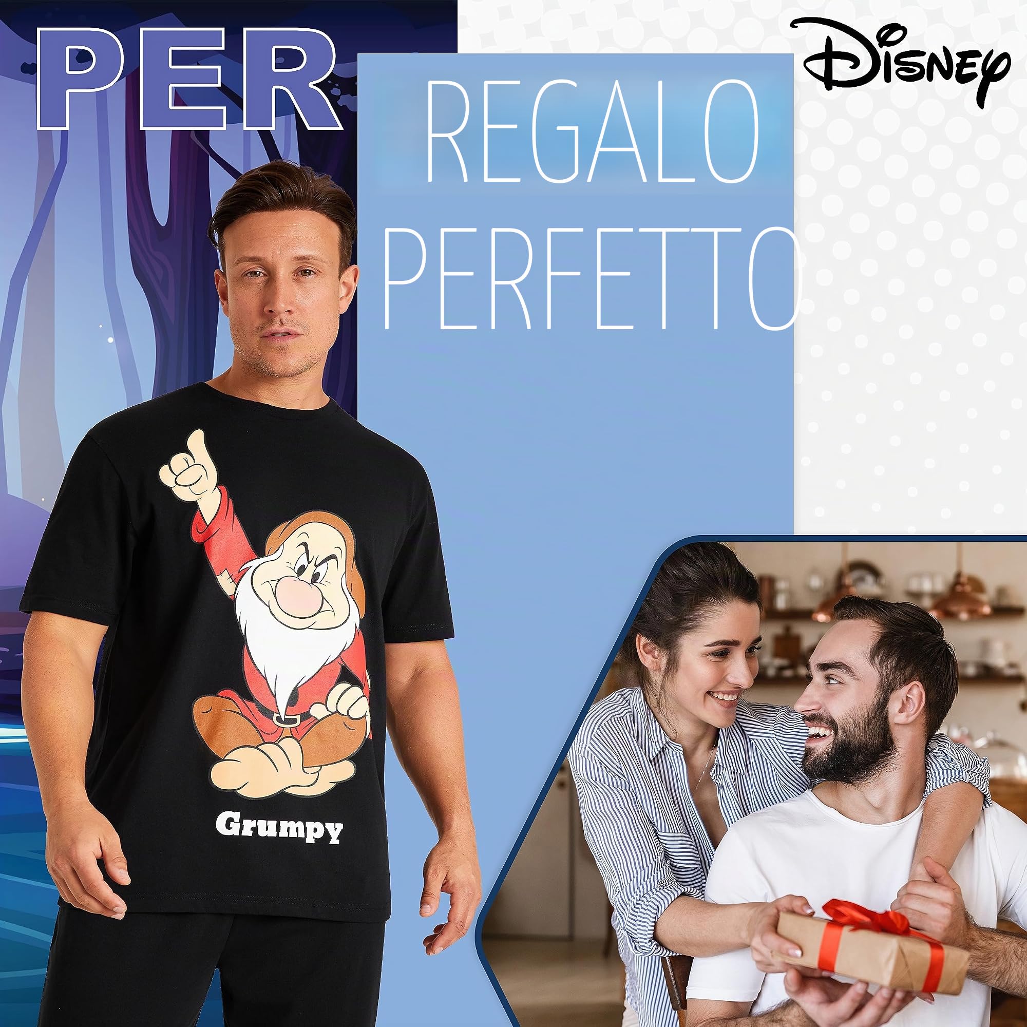 Disney Pigiama Uomo - Pigiama Uomo Cotone Brontolo Paperino M-3XL Pigiami Uomo e Ragazzi a Maniche Corte Pigiami Due Pezzi da Uomo Lungo