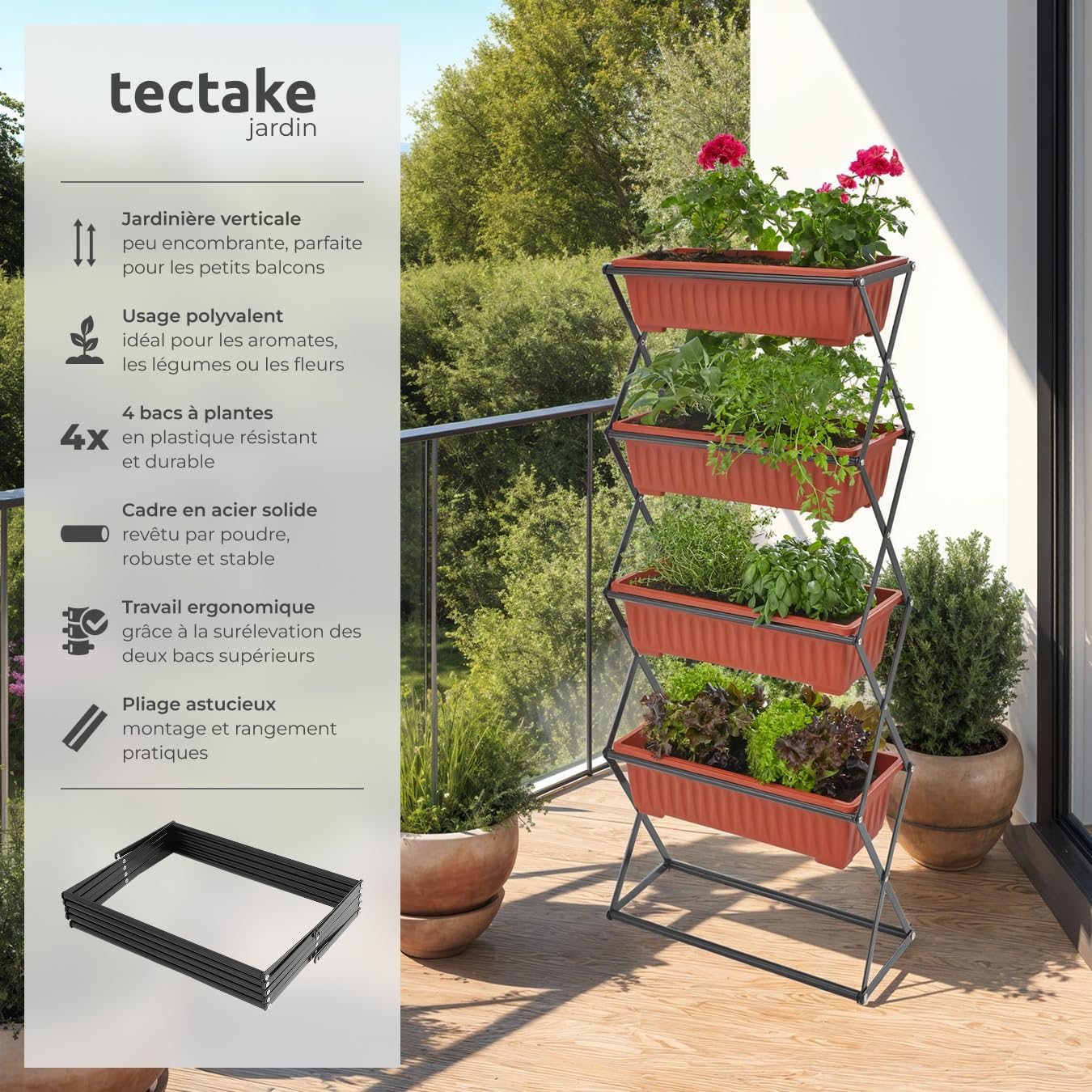 tectake® Potager de Jardin surélevé Jardinière Verticale avec 4 Bacs à Fleurs Culture en Hauteur Châssis Robuste Pliable Intérieur Extérieur Bac à semis 52x21x127 cm Jardin Terrasse Balcon
