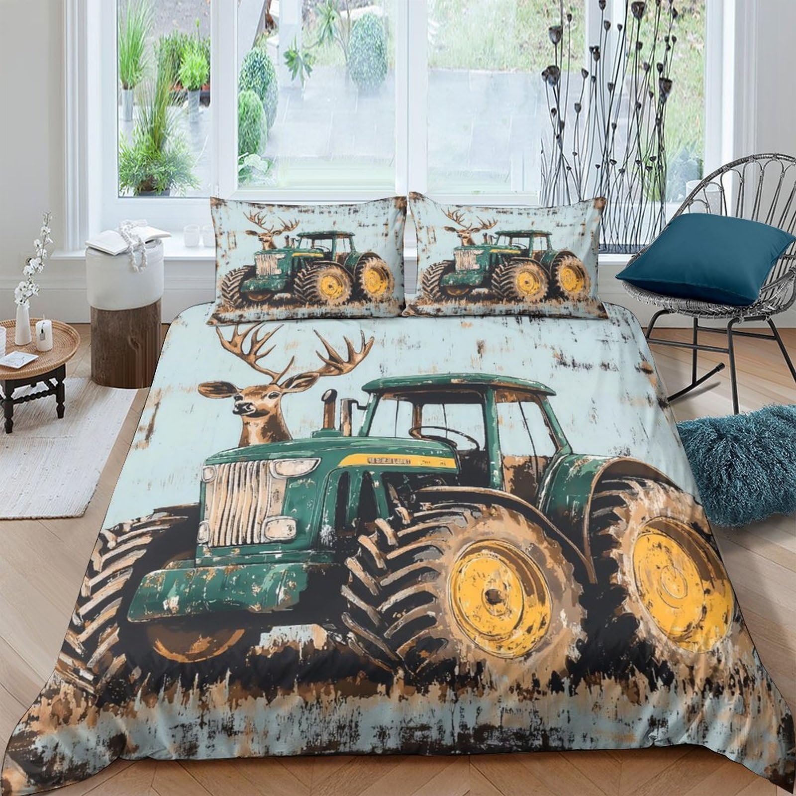 Ctjqhvkz Style-9 3D Printed Green Tractor Fitted Sheet Microfiber Soft Deer Field Bed Sheet For Bedroom Dorm Mattress Cover Decor Single（135X200cm）