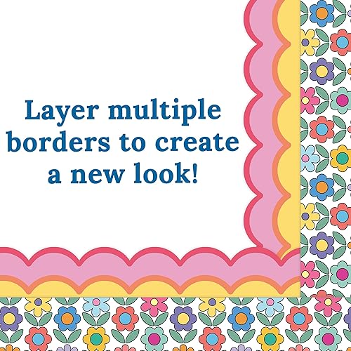 Miniatura 6 de Happily Ever Elementary Retro Remix 39 pies de olas cálidas bordes para tablón de anuncios, borde festoneado rosa, naranja y amarillo para fiestas,