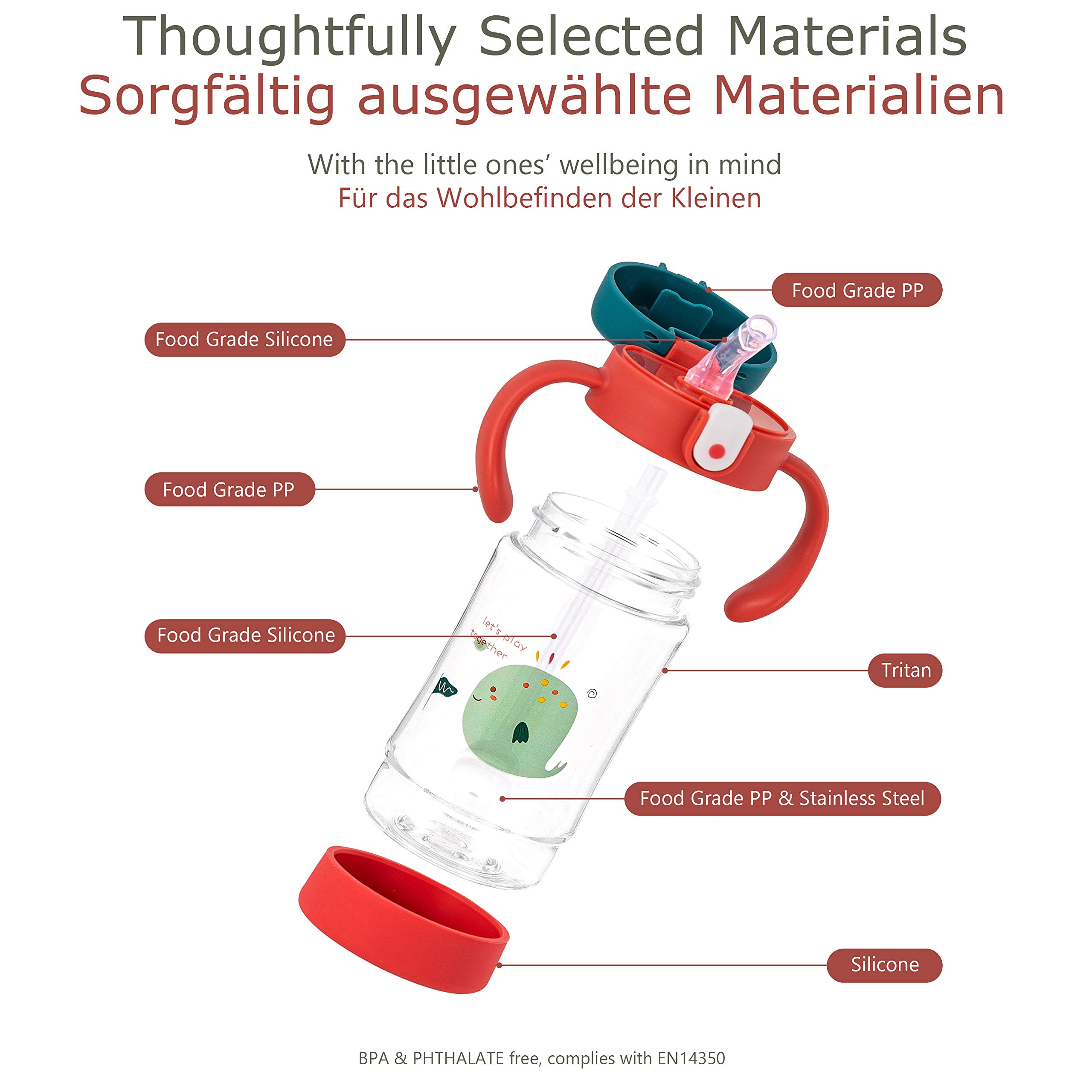 Gobelet Enfant Active Plus avec Paille Pondérée Flexible à 360 Degrés, Anti Goutte, en Tritan – Sans BPA, Bec Souple, Ouverture par Un Bouton 300m (Noah Baleine Rouge)