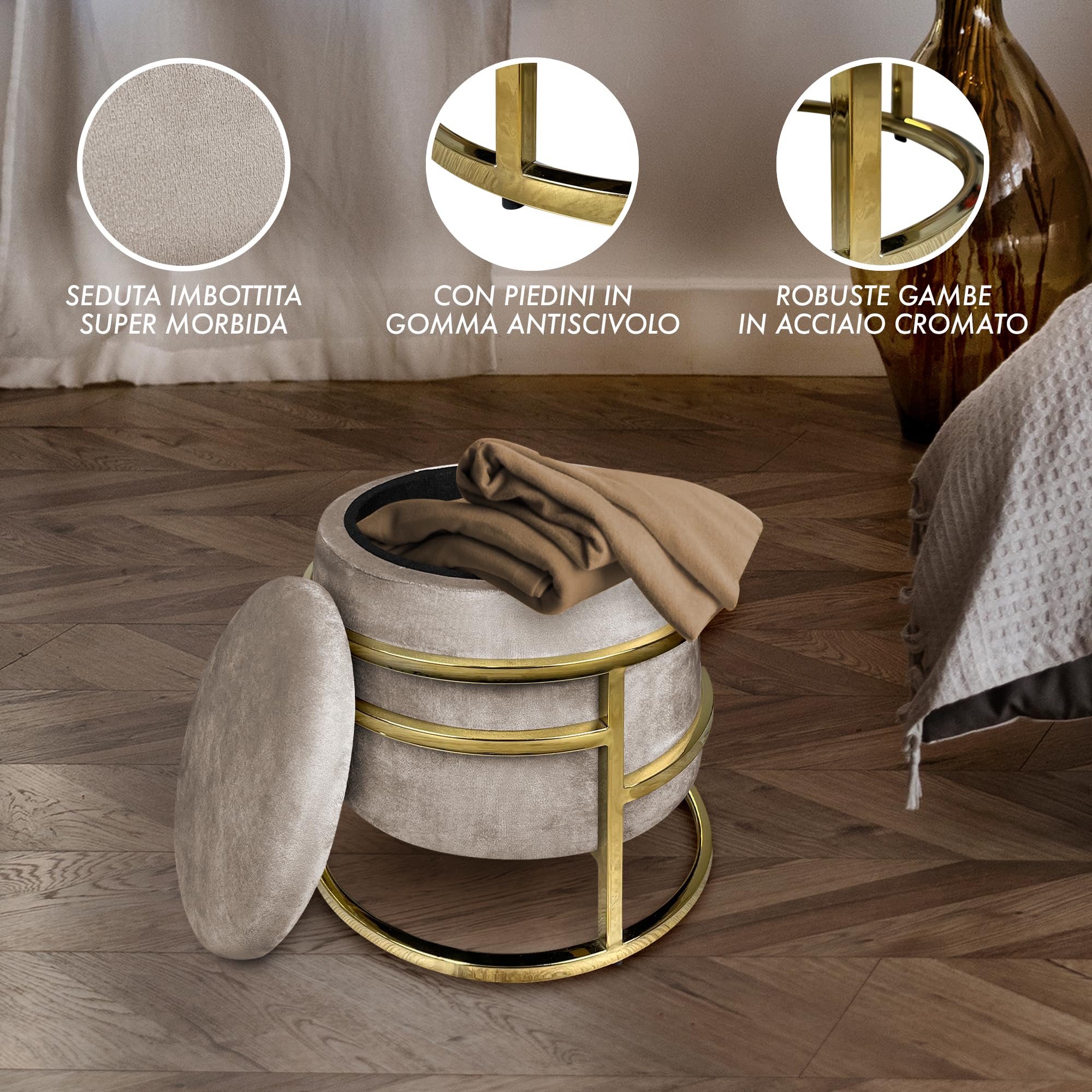 IlGruppone Pouf Contenitore Poggiapiedi Velluto con Struttura Circolare Cromata Oro Elegante Imbottito Sgabello per Toeletta Mobile Trucco Ottomano Ingresso Camera da Letto Rotondo - Tortora