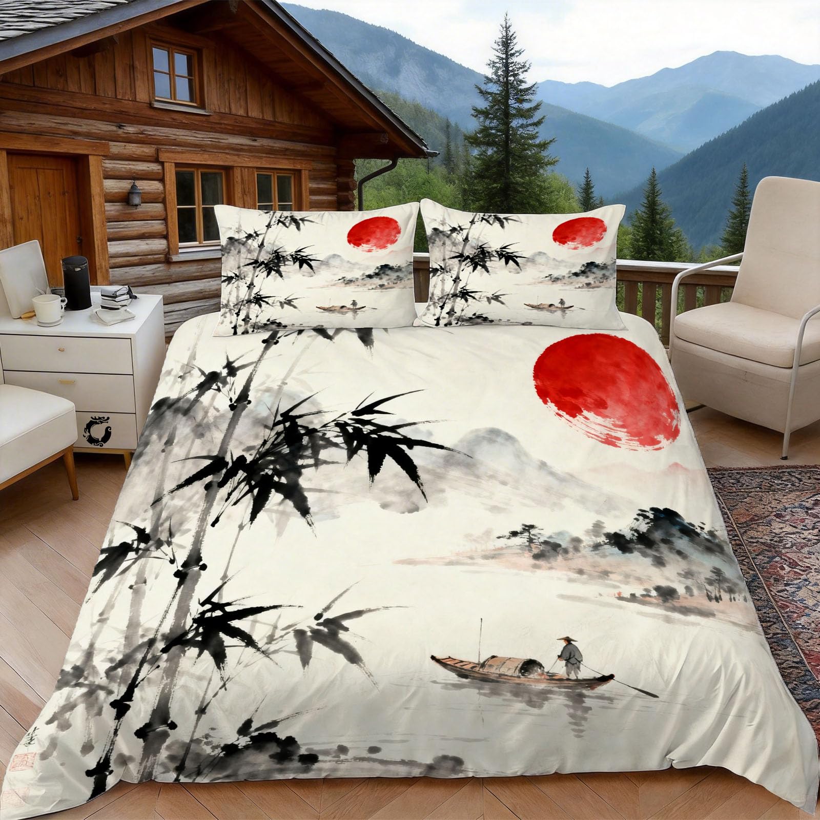 Housse de Couette 140x200 Paysage Encre | Parure Lit Ethnique Microfibre