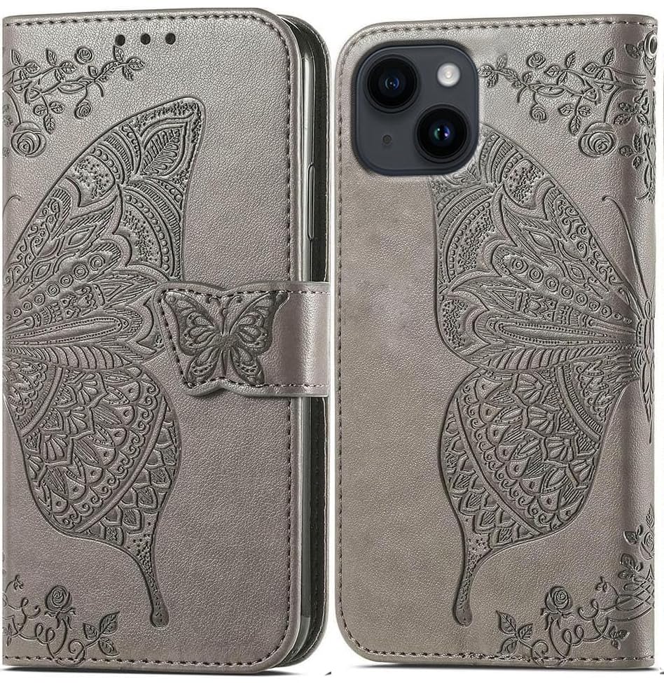 Image of ClickCase Butterfly Series for iPhone 15 Plus Leather Embossing Wallet Flip Case Kick Stand Magnetic Closure Flip Cover for iPhone 15 Plus (Grey)
