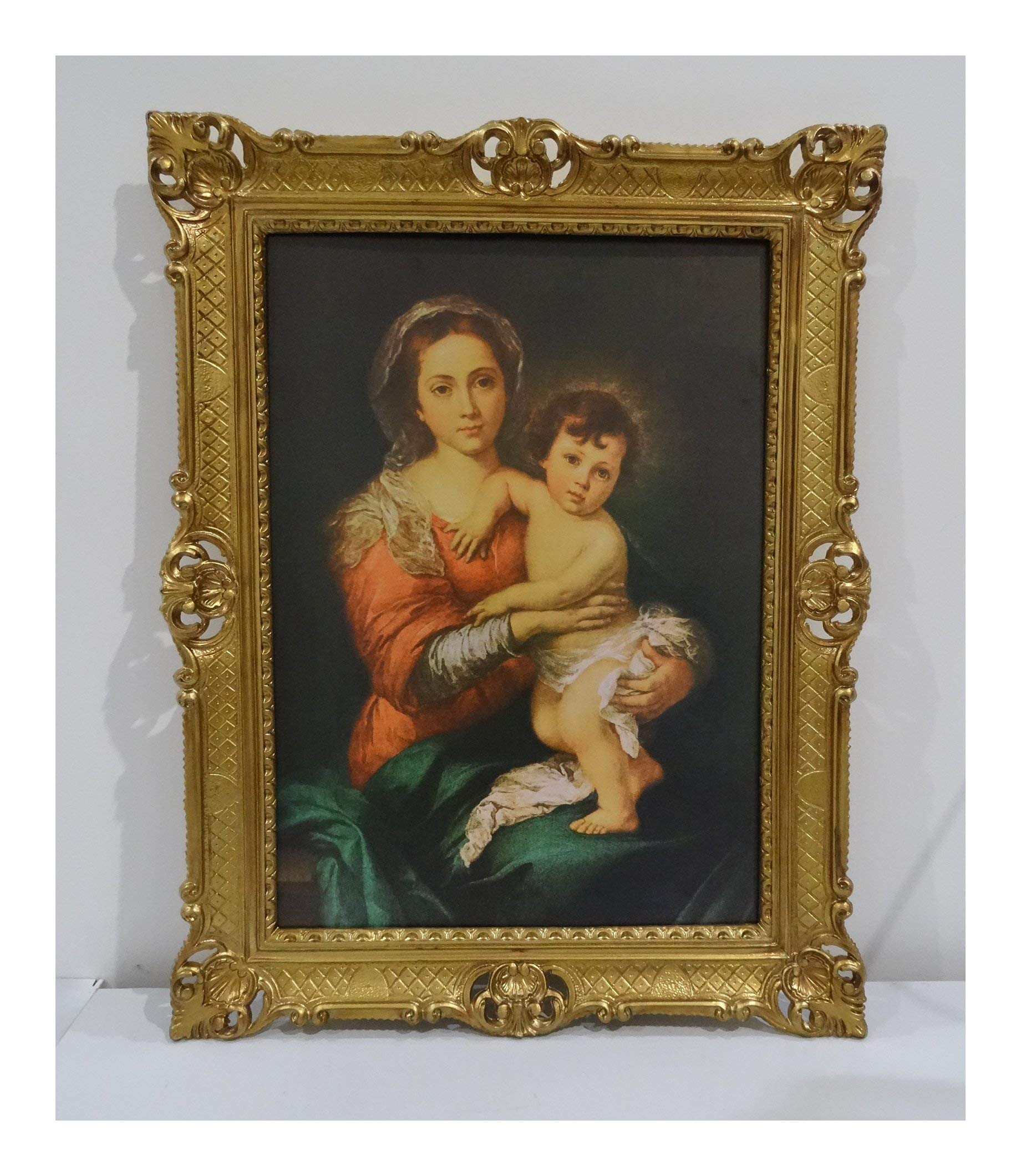 LA VERGINE COL FIGLIO BY MURILLO 90x70cm Antik Barock Rahmen mit Bild Wandbild 70x90cm Kunstdrucke Gemälde Religiöse Bilder Kunst von Heiligen Heiligenbild Retro Repro für Home Büro Praxis Café 58B