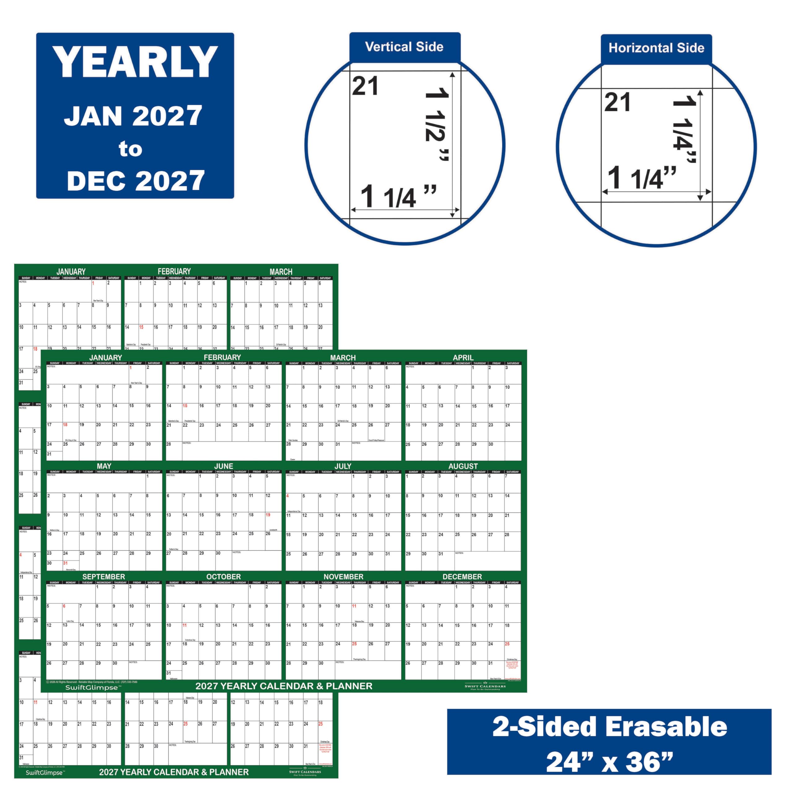 SwiftGlimpse Calendrier mural 2027 effaçable à sec et à sec 61 x 91,4 cm Réversible, horizontal/vertical, vert