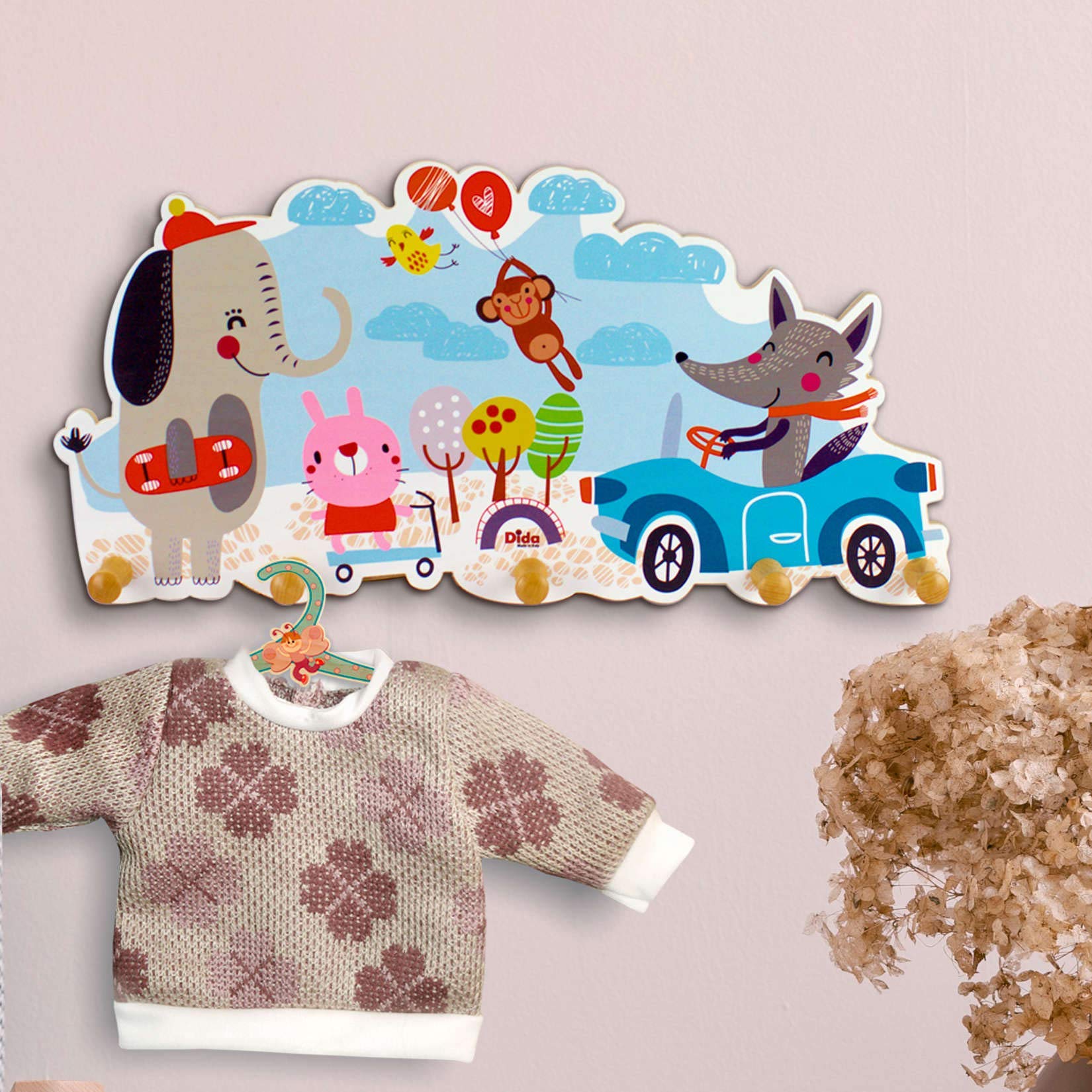 Dida Animaletti al Parco Attaccapanni da Parete per Bambini in Legno Stile Montessori