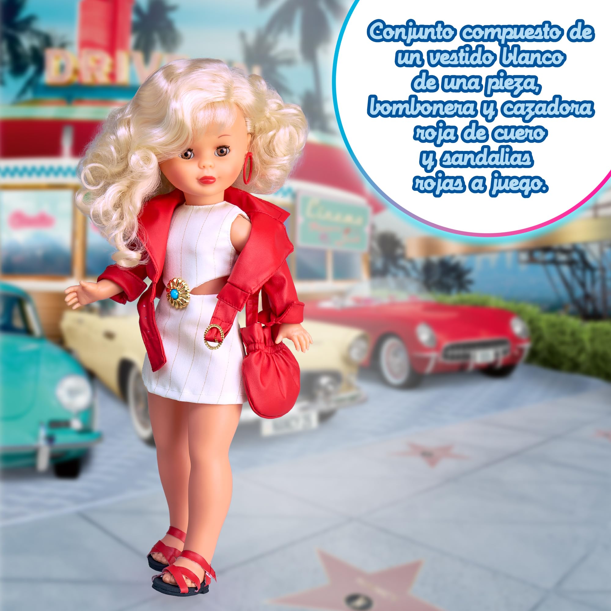 Nancy Colección Evasión, Muñeca Reedición de Principios de los 2000 con Vestido Blanco, Bombonera, Cazadoras y Zapatos Rojos, Muñeca para Coleccionistas con Certificado Oficial, Famosa (NAL20000)