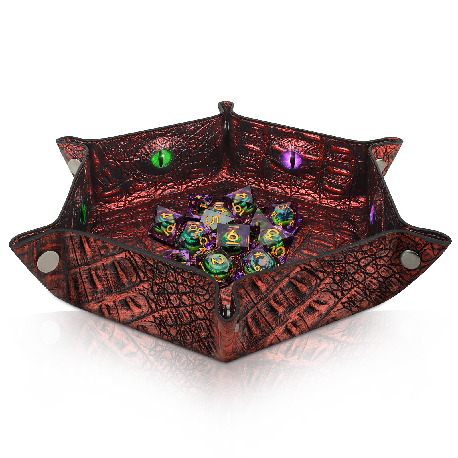 Byhoo Crocodile Pattern DND Dice Tray, Foldable Hexagonal Dice Rolling Tray, Glow-in-the-Dark Eye Dice Tray, Perfect for RPGs, DND, and Tabletop Games(Red)