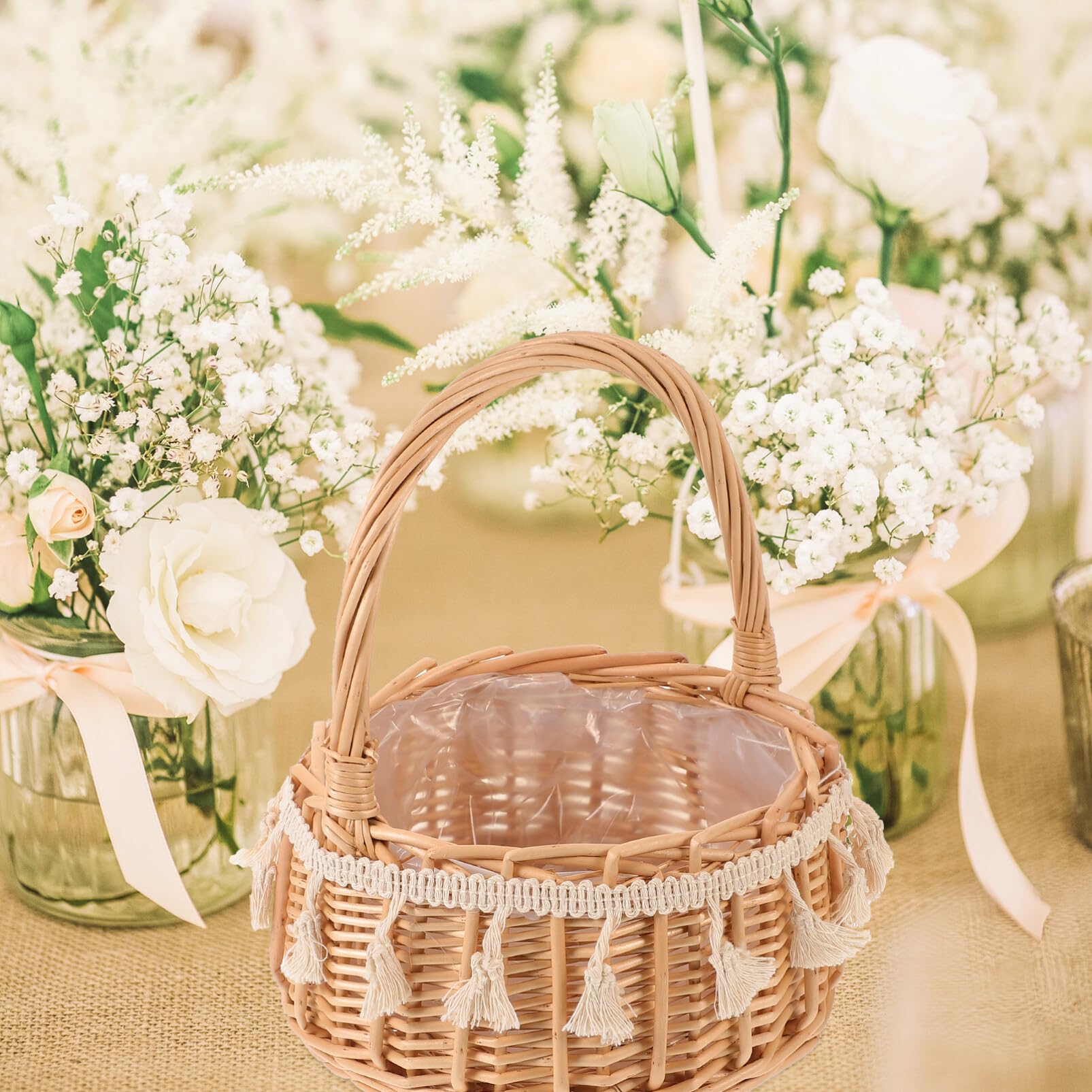 Cabilock Blumenkorb Hochzeit Rattan Weidenkorb Für Blumenmädchen Mit Henkel Eleganter Fotografie Requisitenkorb Für Hochzeitszeremonie Und Partydekoration