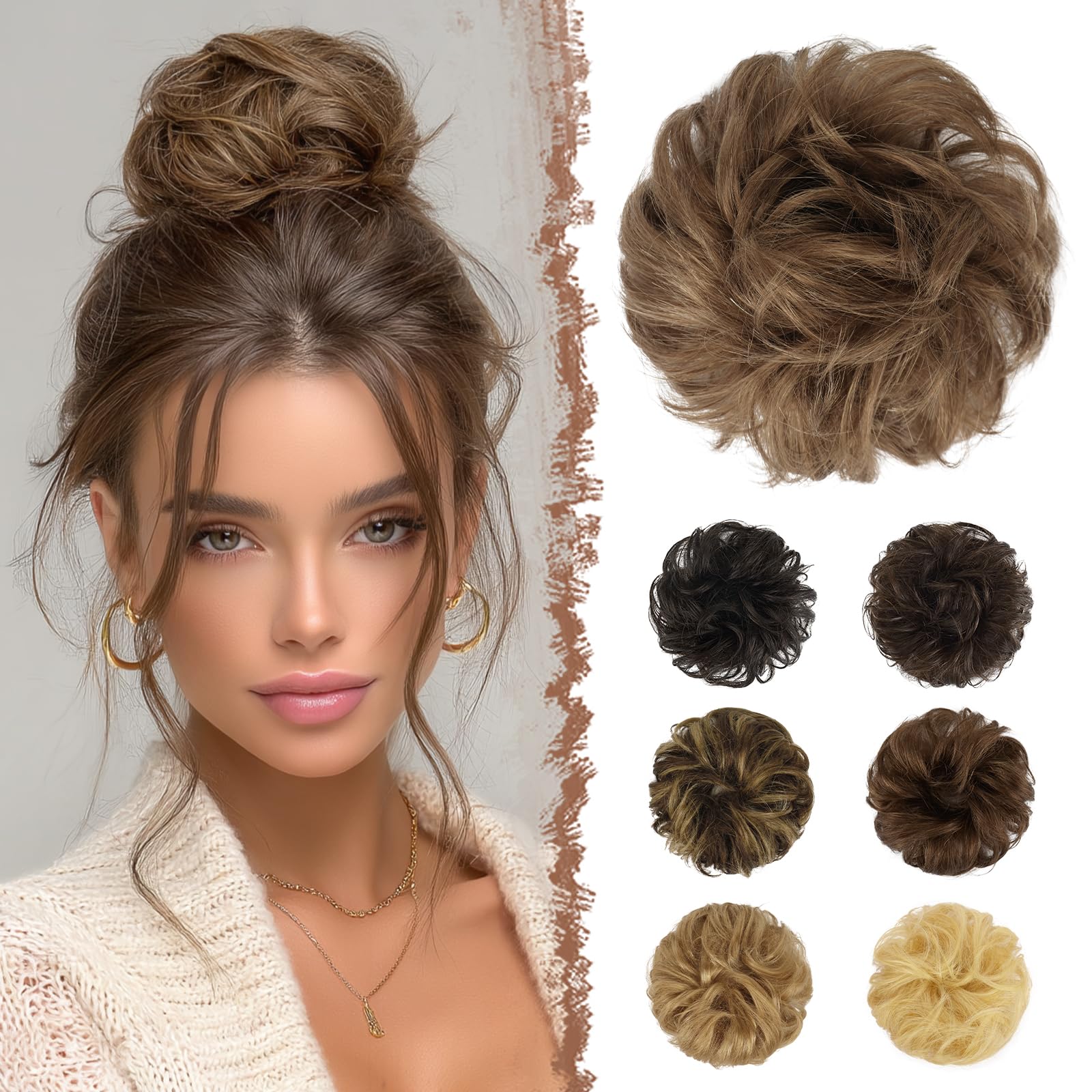 FESHFEN Moños Postizos Pelo Natural - 100% Cabello Humano Ondulado Moño Postizo Despeinado Coletero Extensiones para Mujer, Marrón ceniza