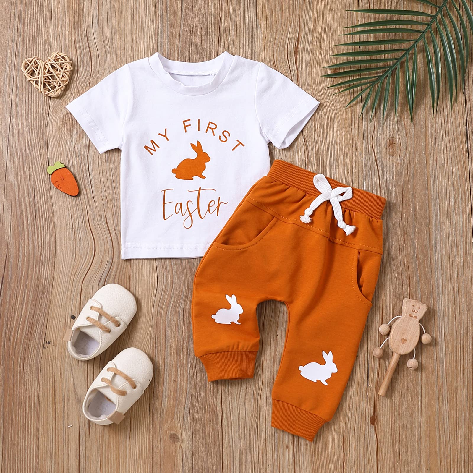 Guodeunh Newborn Baby Boy Easter Day Outfit My First Easter Short Sleeve Printed T-Shirt Tops+Sweatpants Summer Clothes(Bunny-1,0-3 Months