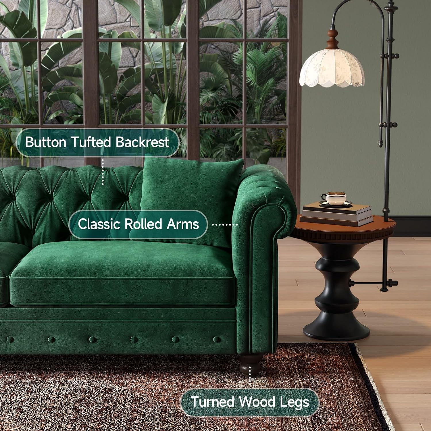 ONBRILL 82 Inch Chesterfield Sofa, 23 Inch Deep Seat Velvet Couch for Living Room, Button Tufted Couch with Rolled Arms, 2 Throw Pillows, Comfy Vintage Loveseat Sofa for Apartment, Green