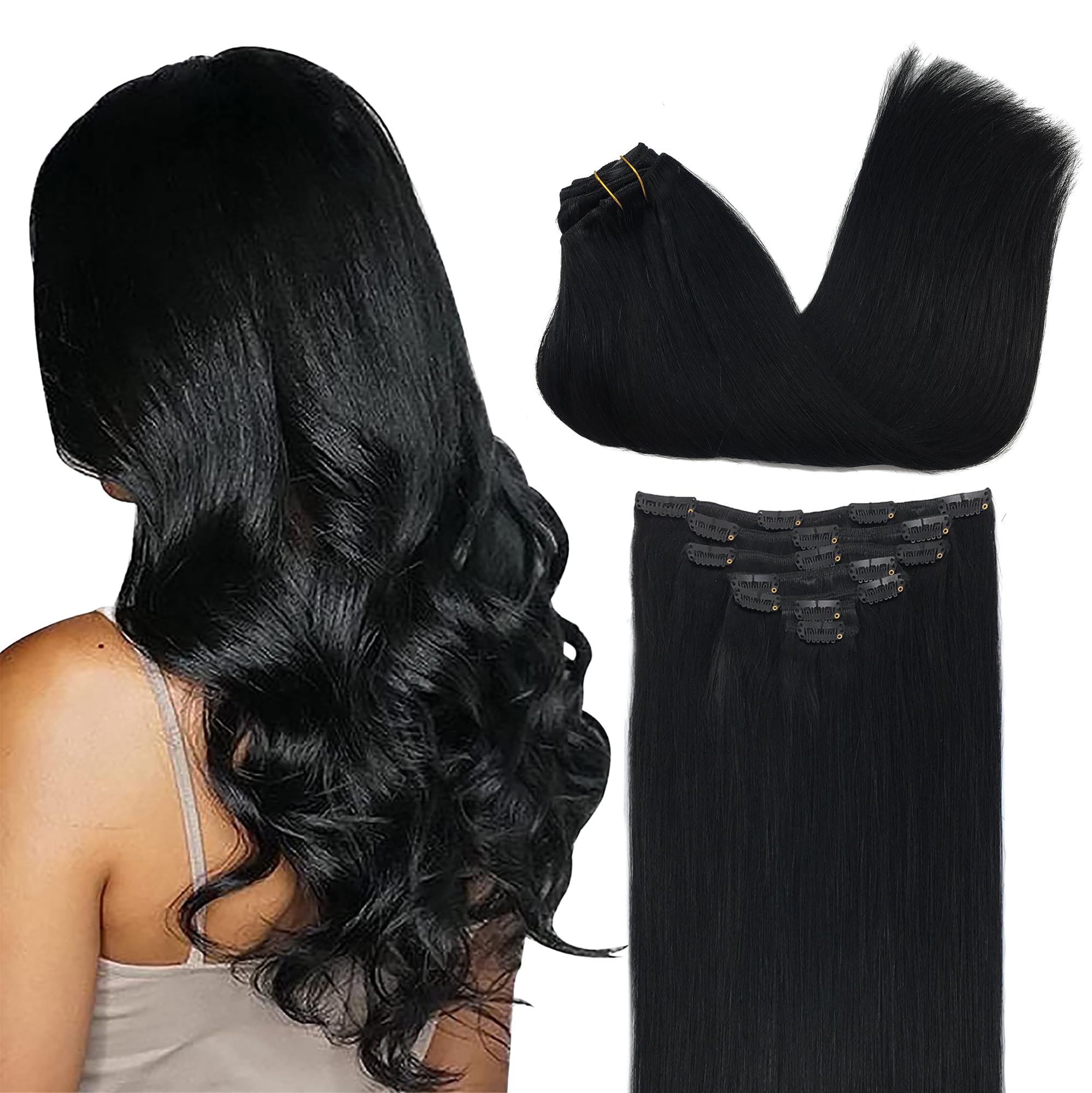 GOO GOO Clip in Hair Extensions Real Human Hair, Remy Human Hair Extensions Clip ins for Women, Natural Human Hair, 24inch 170g 7Pcs, #1 Jet Black