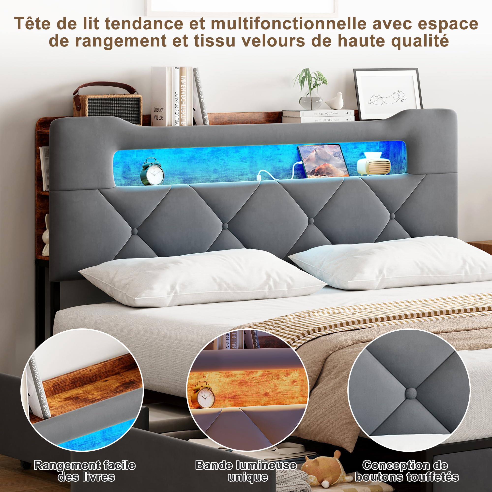 Letto 160x200 Matrimoniale, Letto con 4 cassetti, testiera con Illuminazione a LED e Funzione di Ricarica USB,Struttura Letto in Metallo con doghe in Legno，Letto Imbottito Velluto,Gris