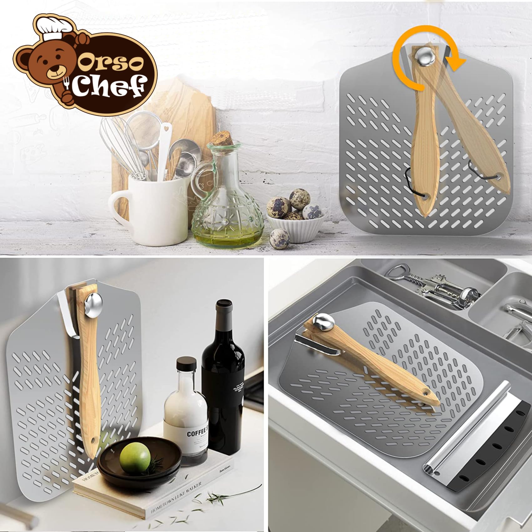 Pelle à pizza perforée - Pelle à pizza en aluminium - Avec manche pliable, professionnelle, nouvelle perforation professionnelle, robuste jusqu'à 4 kg. - Pour cuire du pain, des pizzas et des gâteaux.