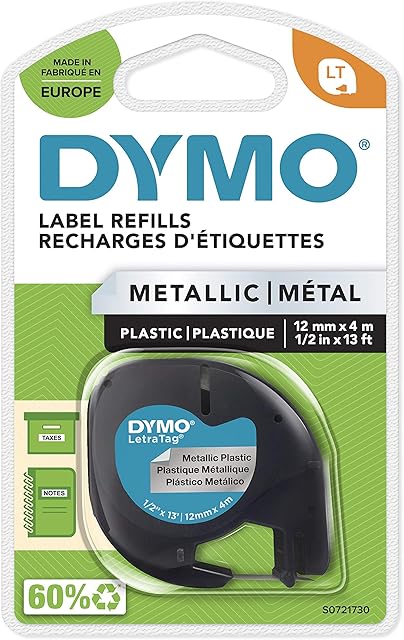 DYMO LetraTag Metallic Labels | Authentic | Black Print on Metallic Silver | 12mm x 4m | Self-Adhesive Multipurpose Labels for LetraTag Label Makers