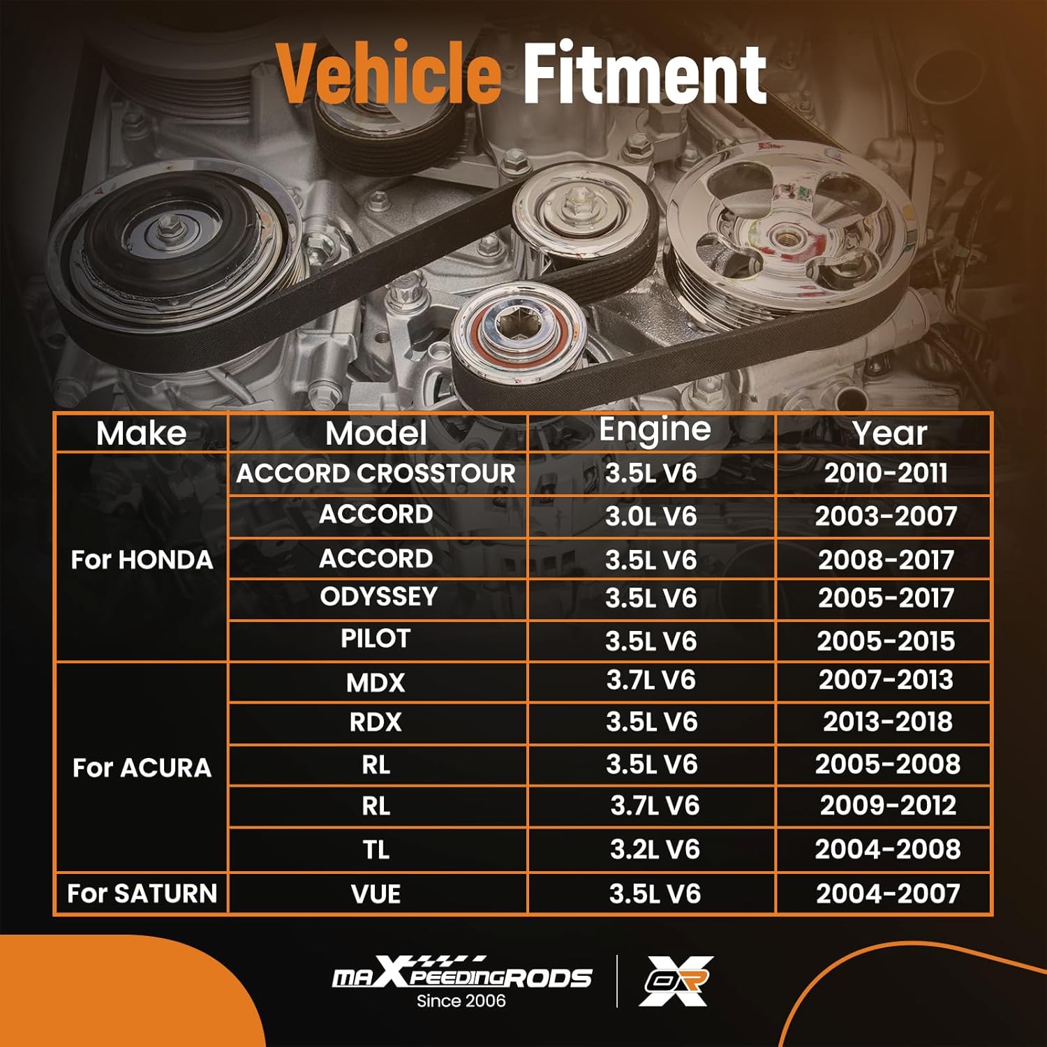 maXpeedingrods Timing Belt Kit with Water Pump for Acura MDX RDX RL TL TSX ZDX Honda Accord Crosstour Odyssey Pilot Ridgeline Saturn Vue 3.5L 3.7L 2003-2018 19200-RDV-J01