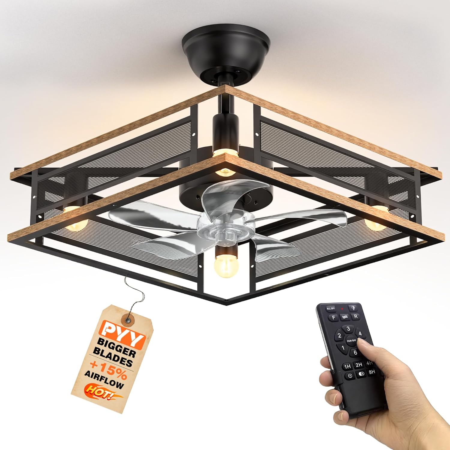 PYY Farmhouse Ceiling Fans with Lights - 20 Inch Caged Ceiling Fans with Lights and Remote Control, 6 Speeds,Timer, Dual Mount, Reversible, Low Profile Rustic Cage Ceiling Fan for Bedroom Living Room