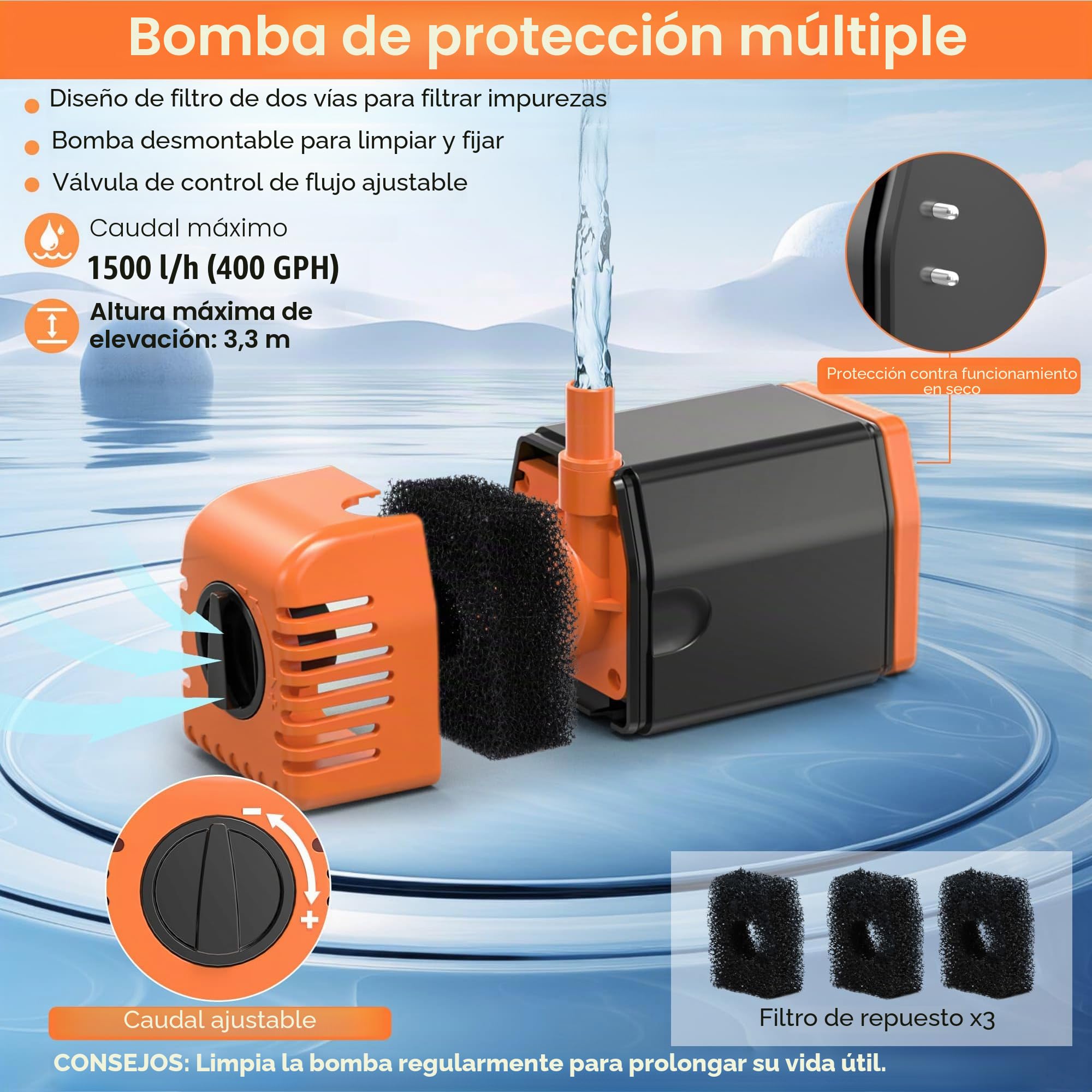 Biling Bomba solar para estanque de 35 W, 1500 L/H, silenciosa, con 4 boquillas, fuente solar con manguera de arroyo para estanques de jardín de hasta 1500 L, fuente solar para manualidades, fuente de