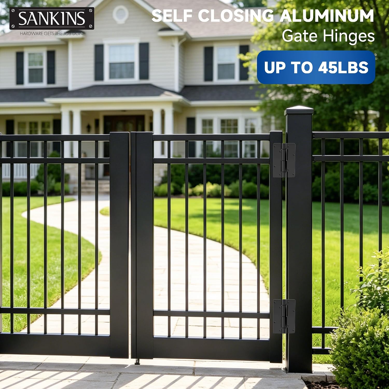 5-3/4" Adjustable Self Closing Aluminum Gate Hinges, Heavy Duty Gate Hinges for Metal Gates, Non-Legged Door Hinges Fence Gate Hinge for Pool Gate, Aluminum Gate, 2pcs, Black