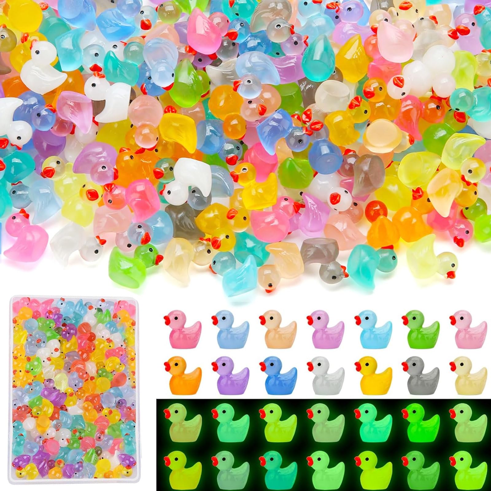 Houbobo 180PCS Luminous Mini Resin Ducks, Tiny Animals Bulk Glow in The Dark Small Plastic Miniature Ducks Figures for Dollhouse Decor Micro Garden Home Landscape Aquarium Craft Gifts Party Favors