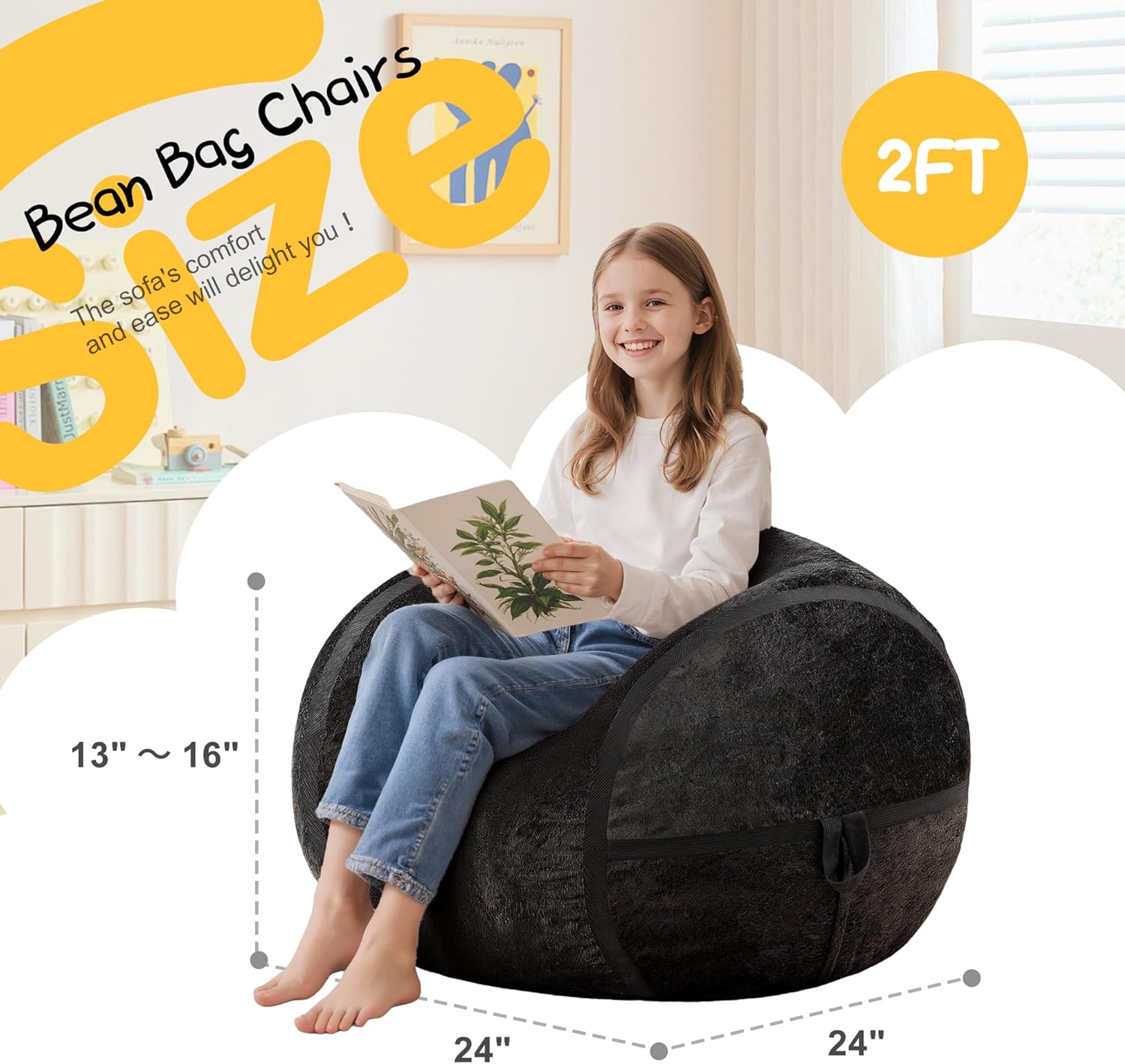 Homguava 2FT Bean Bag Chair Giant Bean Bag Chairs for Adults with Memory Foam Filled,Beanbag Chair with Soft Faux Fur Cover,Comfy Bean Bag Sofa Lounger for Living Room,Game Room,Bedroom - Image 2