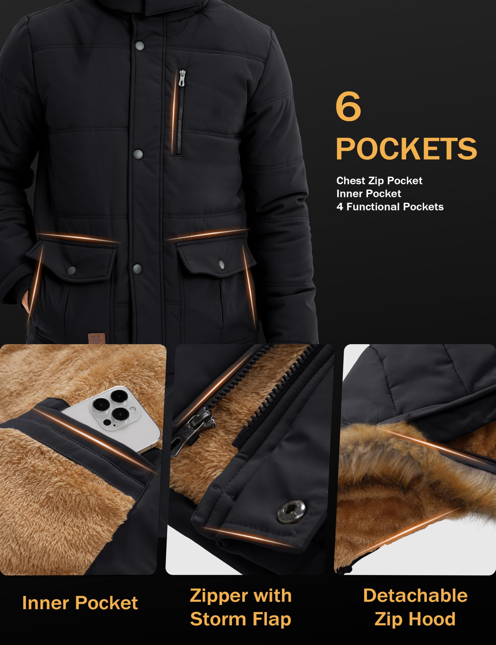 MAGCOMSEN Herren Winter Parka Jacke Winddicht Outdoor Warme Fleecejacke Freizeit Übergangsjacke Wasserabweisende Gefüttert Wanderjacke Verdickt Arbeits Jacken mit Abnehmbar Kapuze