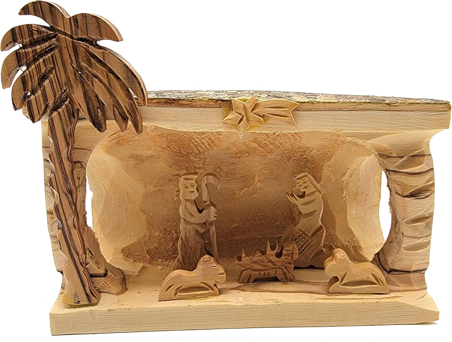Zuluf Olive Wood Bark Christmas Nativity | Religious Holy Family Nativity Scene Hand Made from Israel