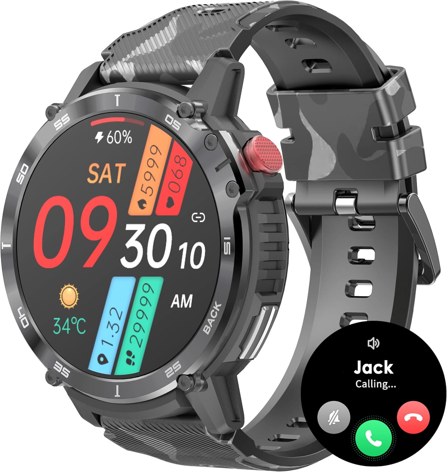 findtime smartwatch uomo con funzione telefono, memoria musicale, accoppiamento diretto, cuffie Bluetooth, senza fili, orologio sportivo, orologio militare, contapassi, orologio fitness, pressione