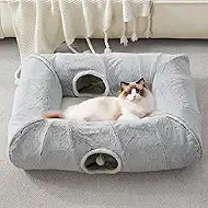 Cat Tunnel Bed for Indoor Cats, Large Cat Tube & Dog Tunnel Bed with Washable Cushion, Square Luxury Velvet Peekaboo Cat Cave & Cat Donut for Kitten/Puppies/Rabbits, Grey XL 39"x30"x11"