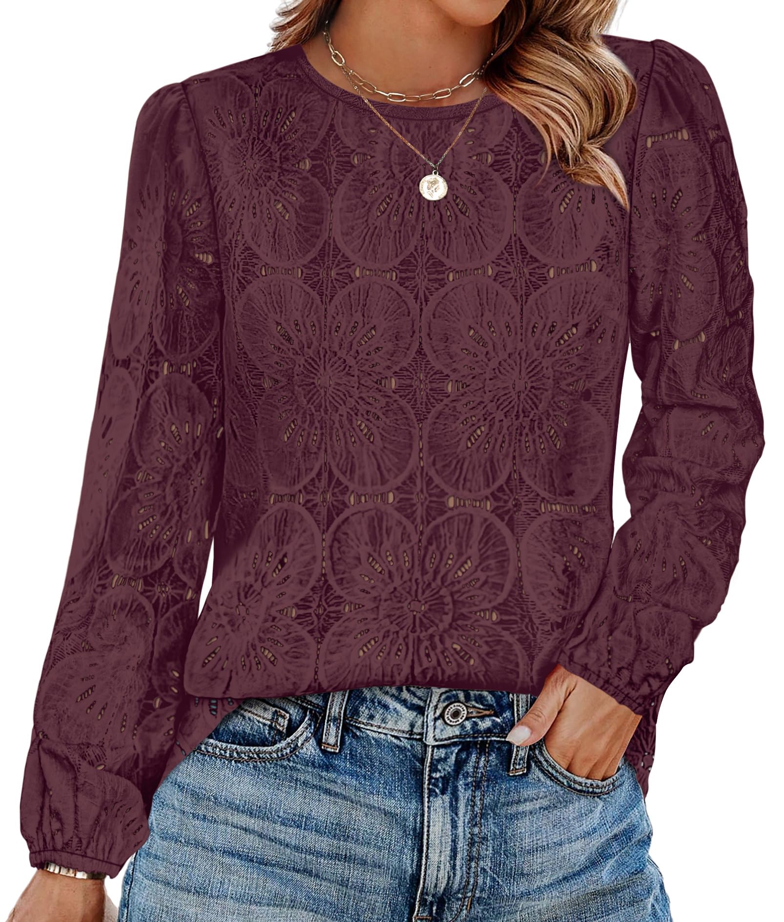 OFEEFAN Blouses for Women Dressy Casual Spring Tops 2026 Summer Outfits Flower Lace Crochet Long Sleeve Shirts