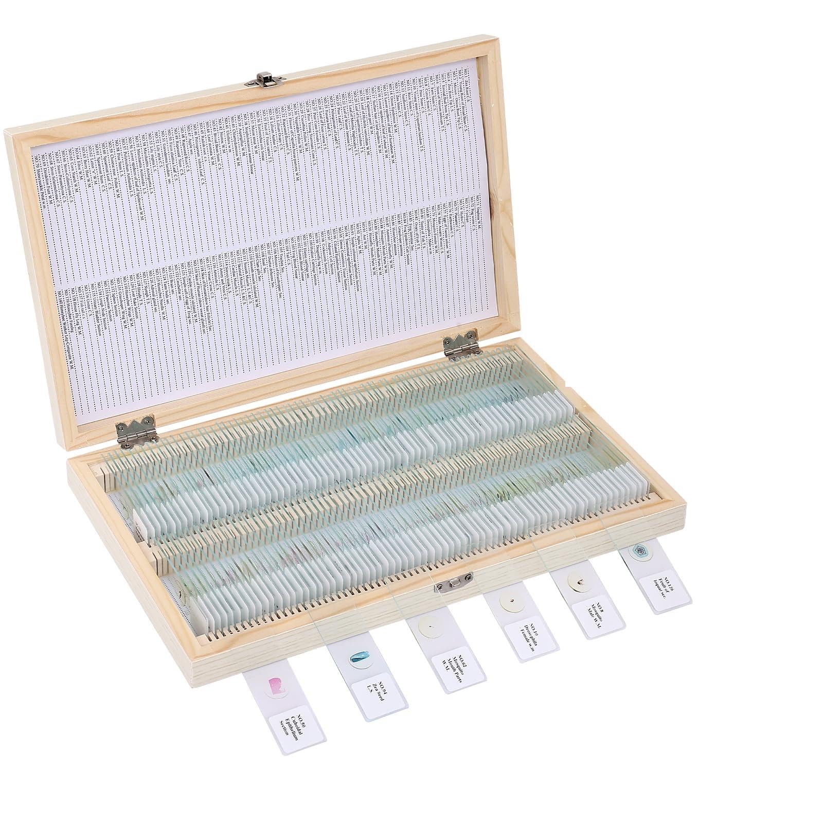 140 portaobjetos de microscopio con especímenes, portaobjetos de vidrio prefabricados con muestras, portaobjetos educativos y cubiertas de microscopio para jóvenes científicos, perfectas para clases