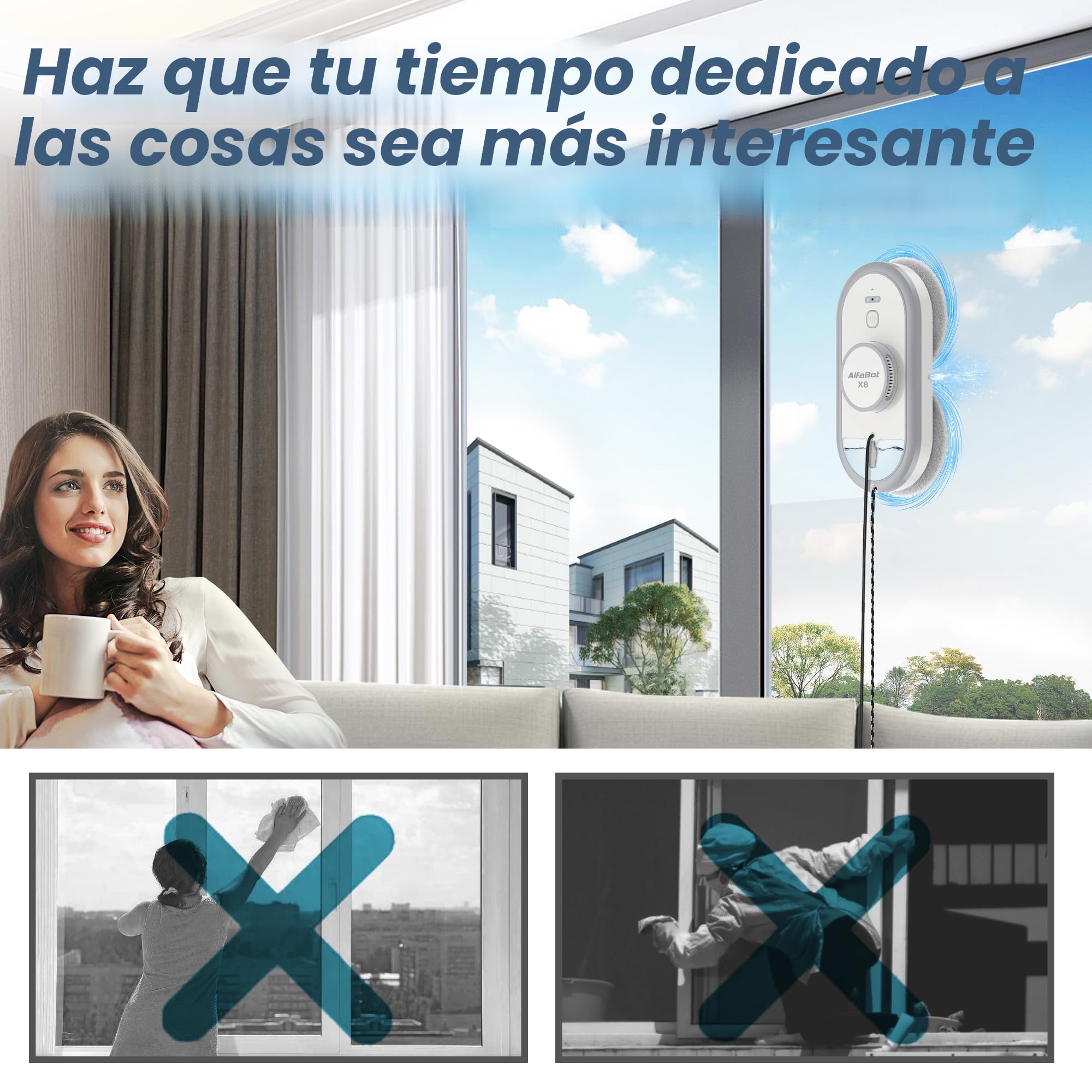 AlfaBot X8 Robot Limpiaventanas Eléctrico Inteligente, Limpieza Automática con Spray Bidireccional, Depósito 50ml, Aspiración 4980PA, Anti-Caída, para Ventanas, Espejos y Superficies de Cristal