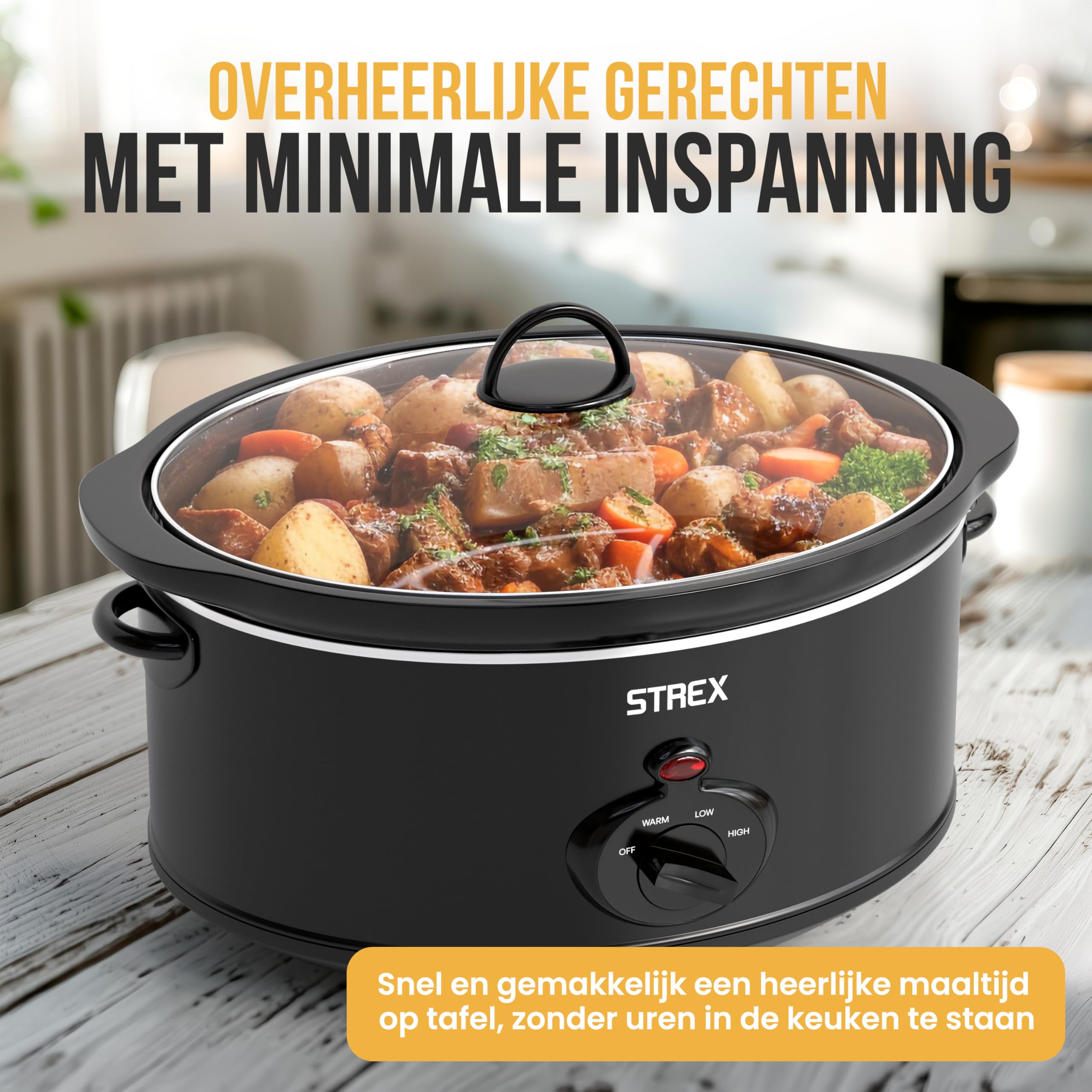 Strex Olla de cocción lenta 6.5L - Sartén interior de cerámica extraíble - Función mantener caliente - olla de cocción lenta - Negro