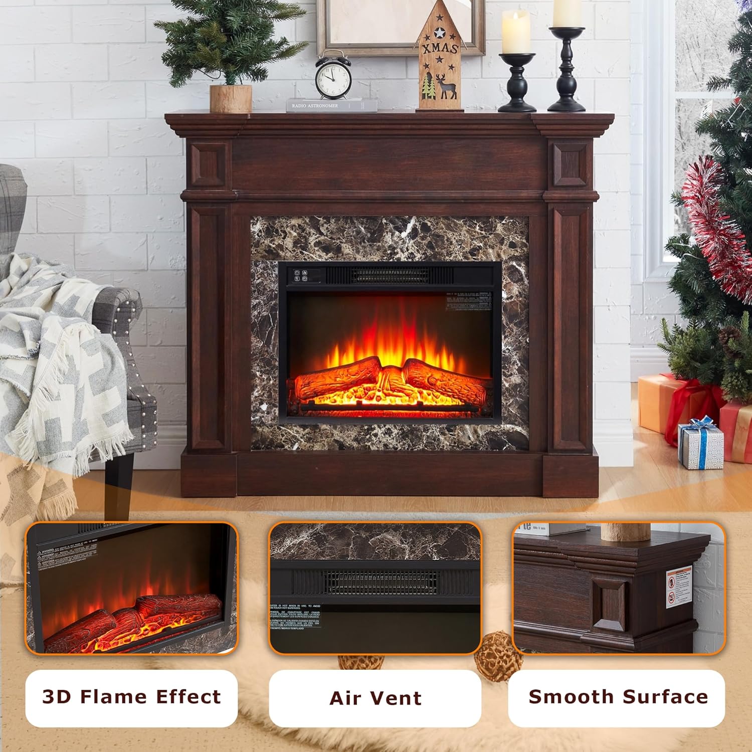46 inch Electric Fireplace with Mantel, Portable Freestanding Wood Stove with Remote Control, 23'' Fireplace Insert,1400W Realistic 3D Flame Stacked Stone Surround (Dark Cherry, 46 inch)
