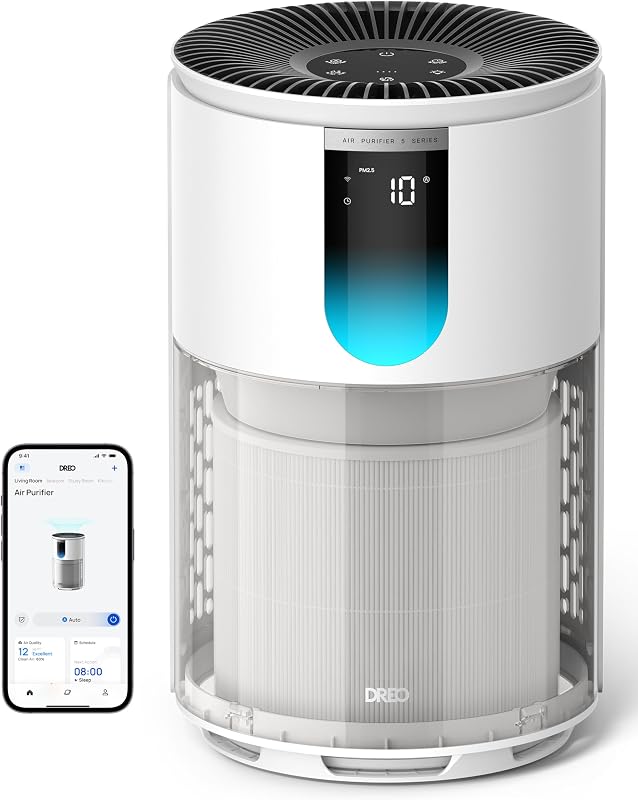 Purificador de aire inteligente para el hogar, hasta 1176 pies², modo de suspensión HEPA, limpiador de aire para habitaciones y dormitorios grandes, Wi-Fi/Voz/Alexa, mascotas, humo, polvo, polen y olores, monitor PM2.5, DR-HAP009S (Dreo 539S)