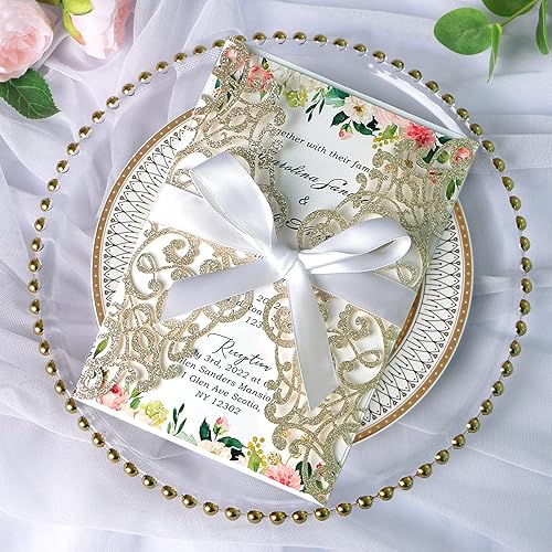 Ponatia - 25 tarjetas de invitación cortadas con láser de 5.12 x 7.1 pulgadas con sobres para bodas, fiestas de compromiso, cumpleaños, Champán