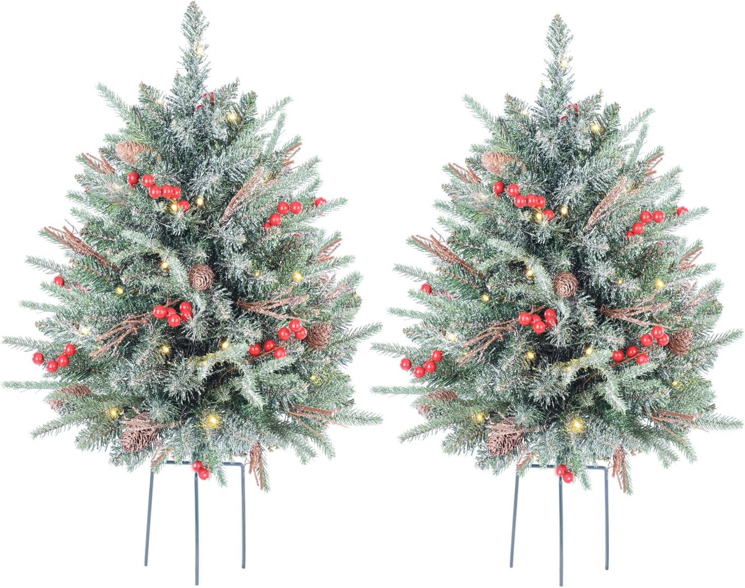 30 Inch Outdoor Prelit Christmas Tree 2 Pack, Battery Operated Flocked Snow Xmas Tree 100 LED Lights, for Entrances Tabletop Ornaments for Porch Driveway Yard Garden