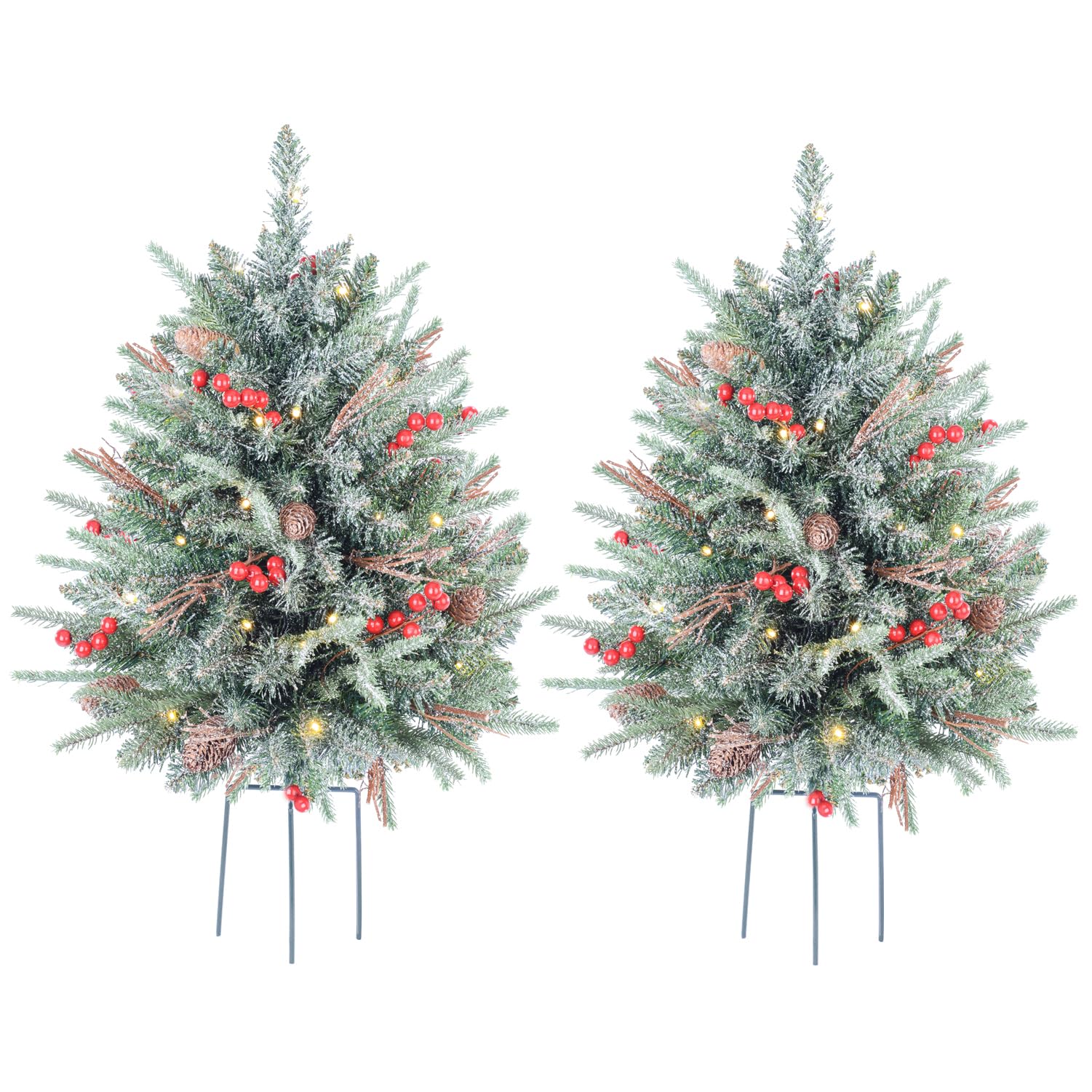 30 Inch Outdoor Prelit Christmas Tree 2 Pack, Battery Operated Flocked Snow Xmas Tree 70 LED Lights, for Entrances Tabletop Ornaments for Porch Driveway Yard Garden