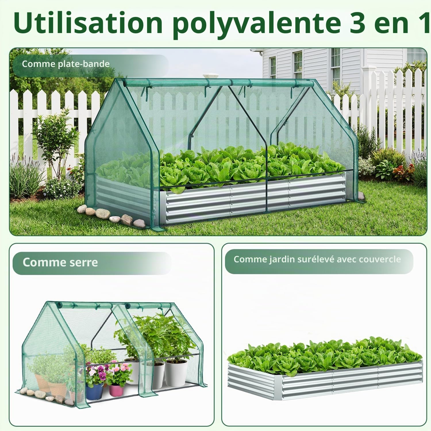 Ohuhu Potager surélevé métallique 3 en 1avec Serre 240x120x30 cm, bac de Culture en Acier galvanisé avec Serre à 4 Portes, kit Complet pour Jardin, Balcon, légumes et aromates