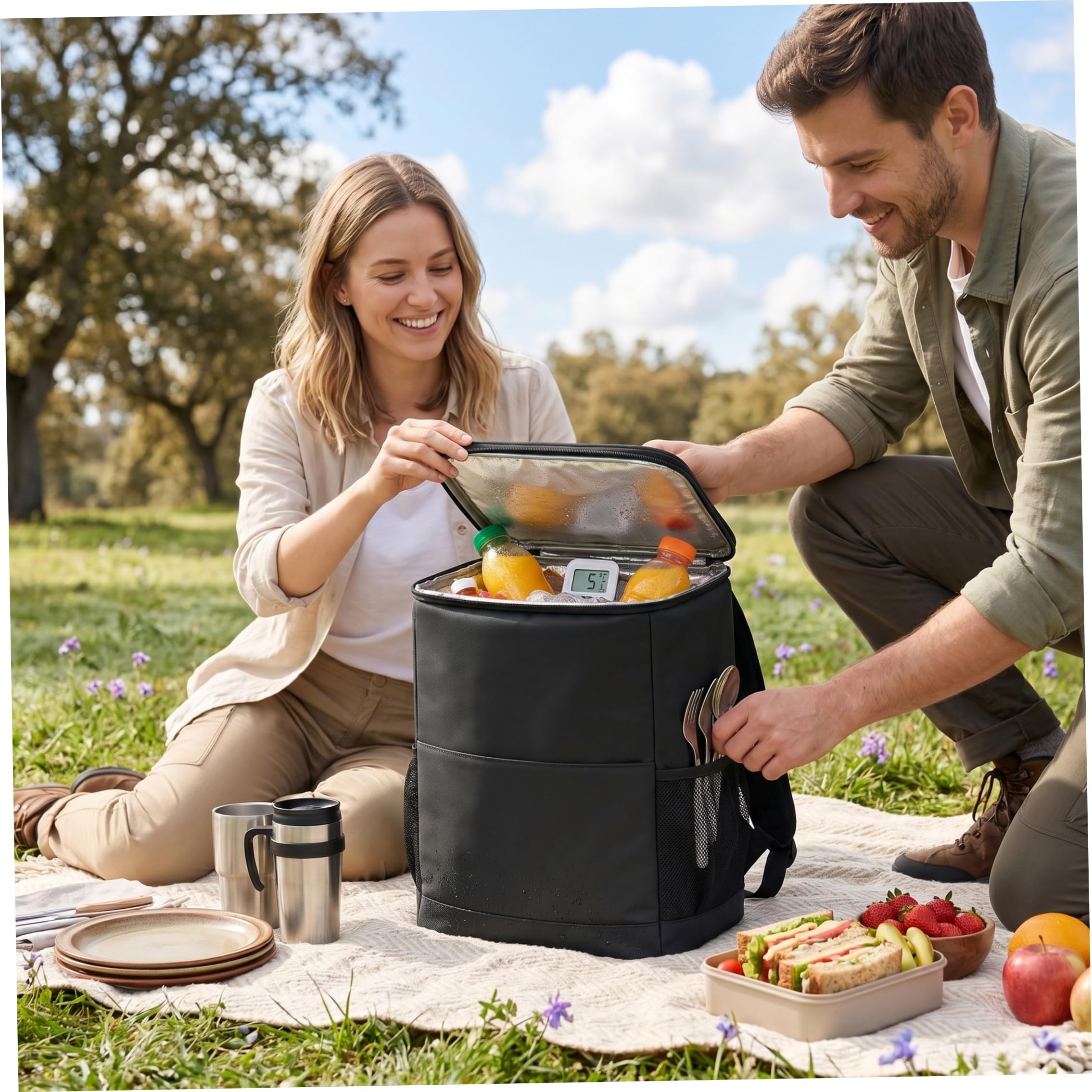 Mochila térmica con aislamiento, 15 l, a prueba de fugas, impermeable, bolsa para 20 latas con múltiples bolsillos para camping, senderismo, playa, compras, color gris