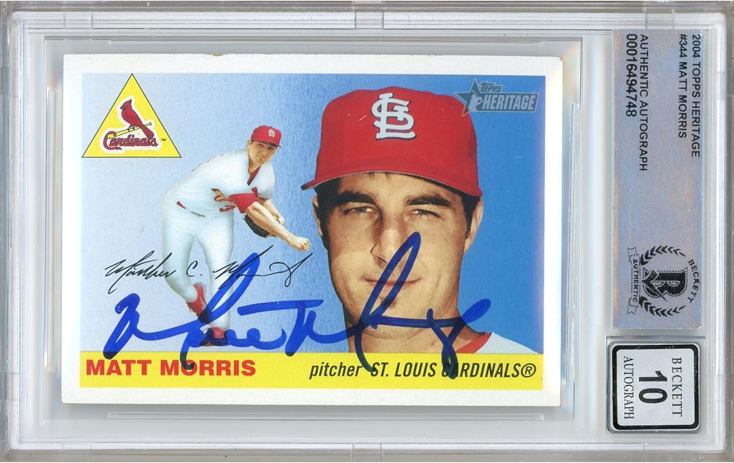 Matt Morris Autographed 2004 Topps Heritage #344 Baseball Trading Card Beckett BGS Auto 10 Graded BAS Authentic Slabbed COA Played For St Louis Cardinals MLB