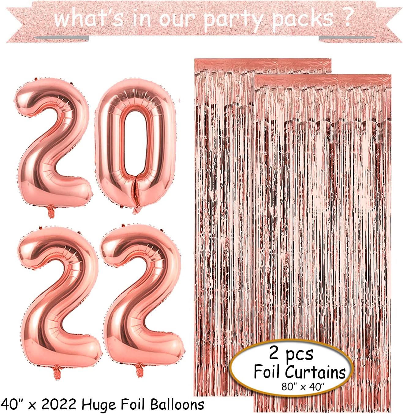 FVABO Rose Gold Happy New Year Decorations 2022 - New Year Party Decorations Include Porch Sign, Banner, Paper Fans, Balloons, Curtains, for Eve Happy New Year Party Supplies : Home & Kitchen