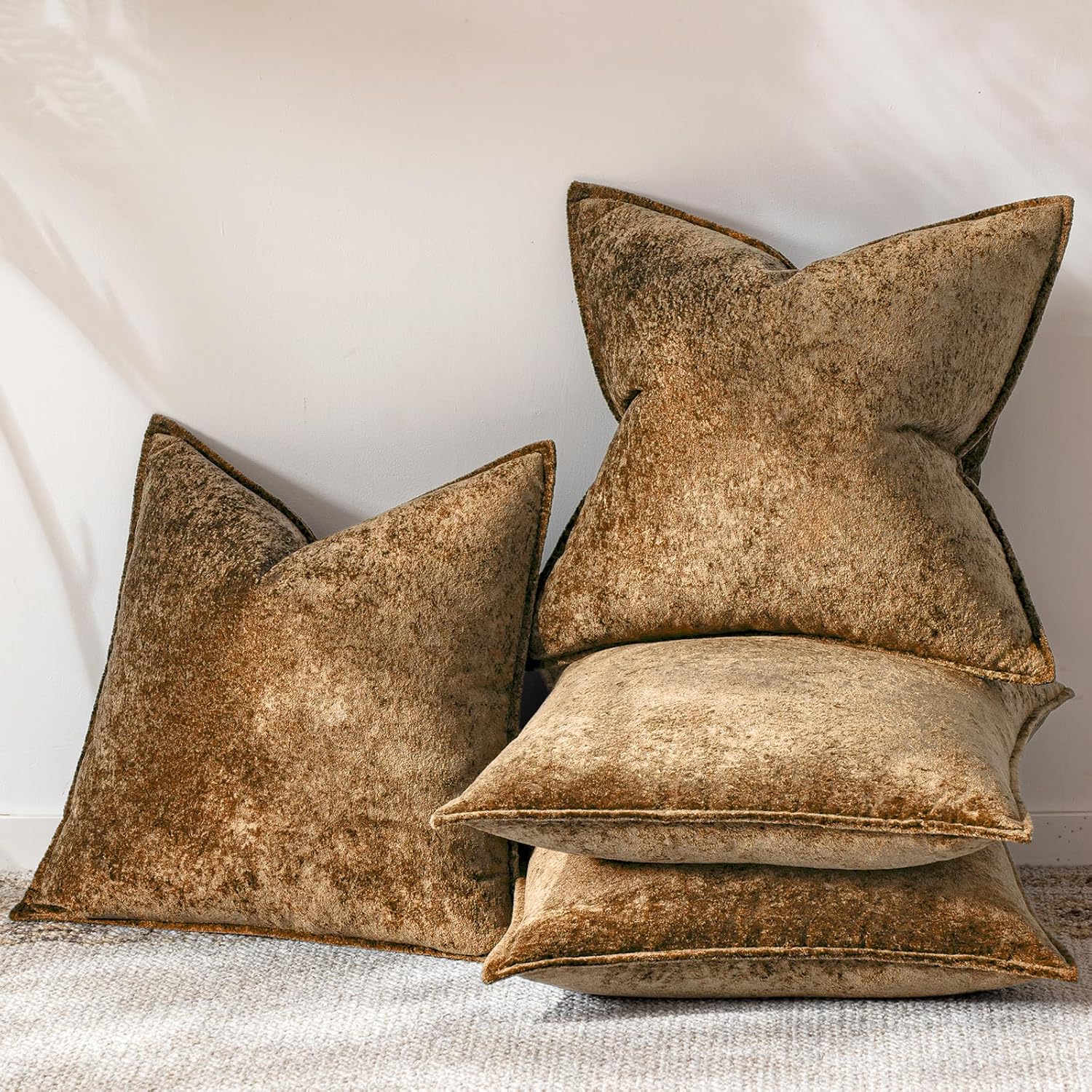 a moment Throw Pillow Covers 20X20 Inch 4 Packs,Soft Velvet Decorative Pillow Cases with 3D Ice Flower,Texture Modern Accent Cushion Covers for Sofa Couch Home Decor Golden Brown