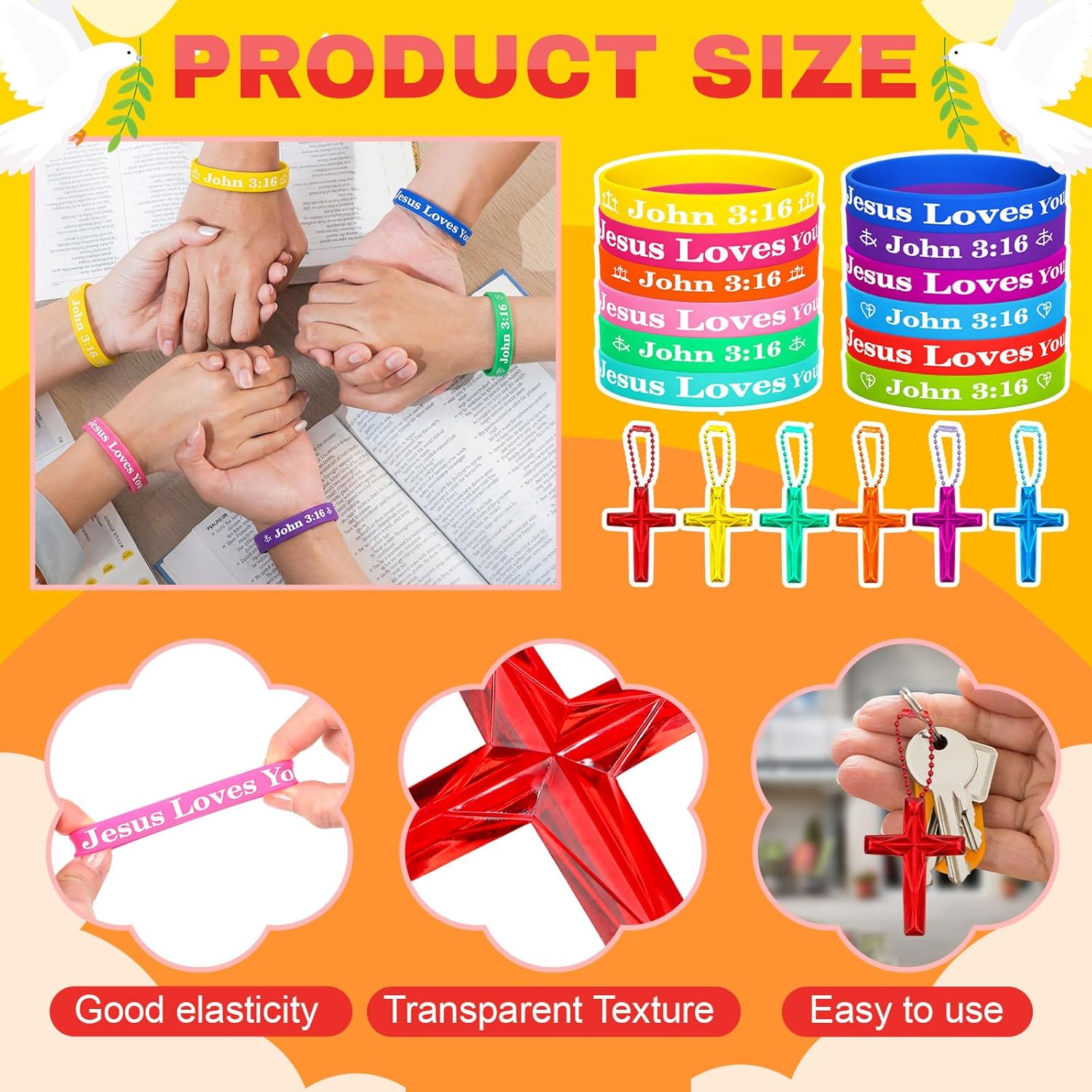 Abbylike 72 Pcs Easter Religious Gifts Includes Clear Christian Drawstring Backpack, John 3: 16 Bracelets, Jesus Loves You Ballpoint Pens,Heart Stress Balls, Crystal Cross Keychain, Card